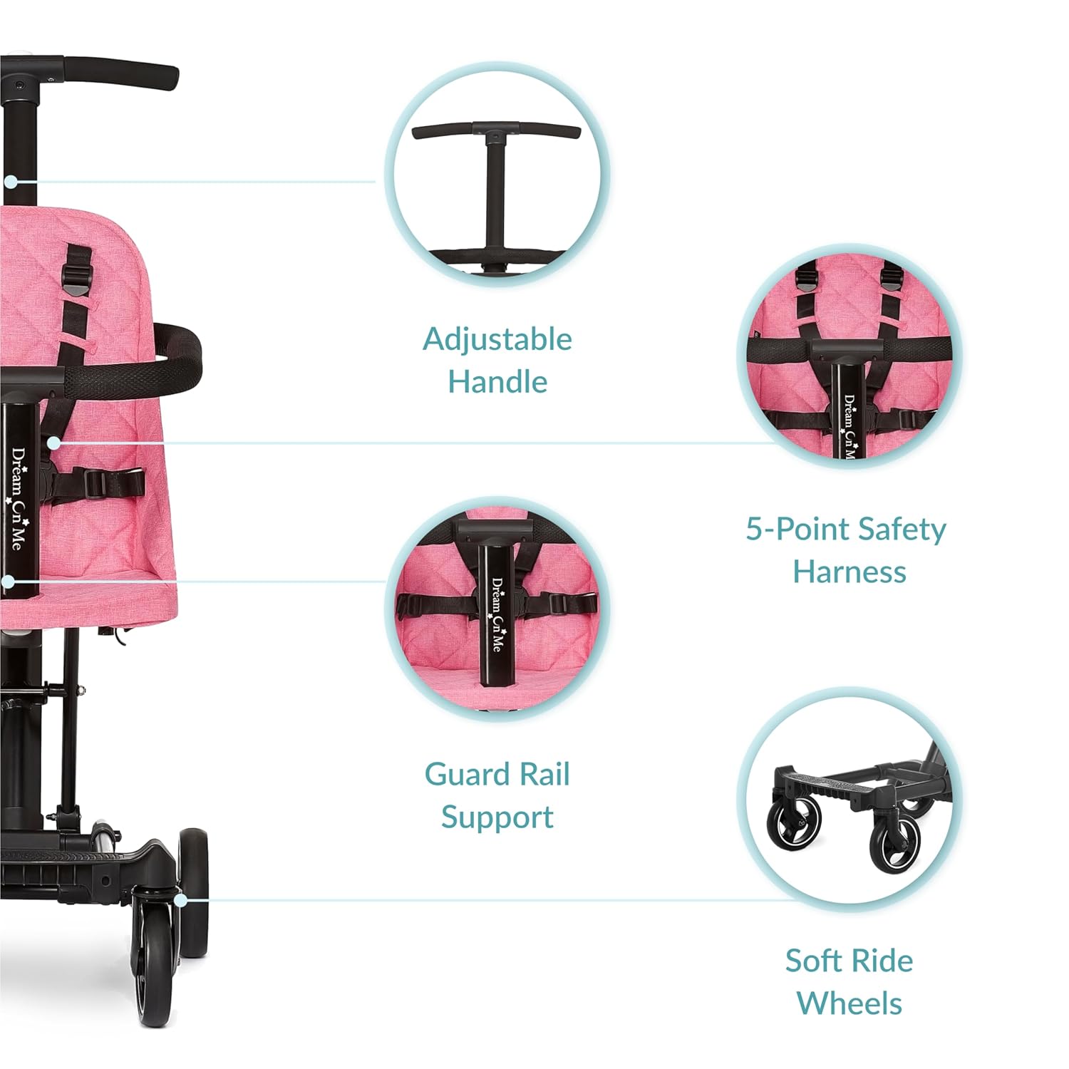 Dream On Me Lightweight and Compact Coast Rider Stroller with One Hand Easy Fold, Adjustable Handles and Soft Ride Wheels, Pink, 365-PINK - Image 5