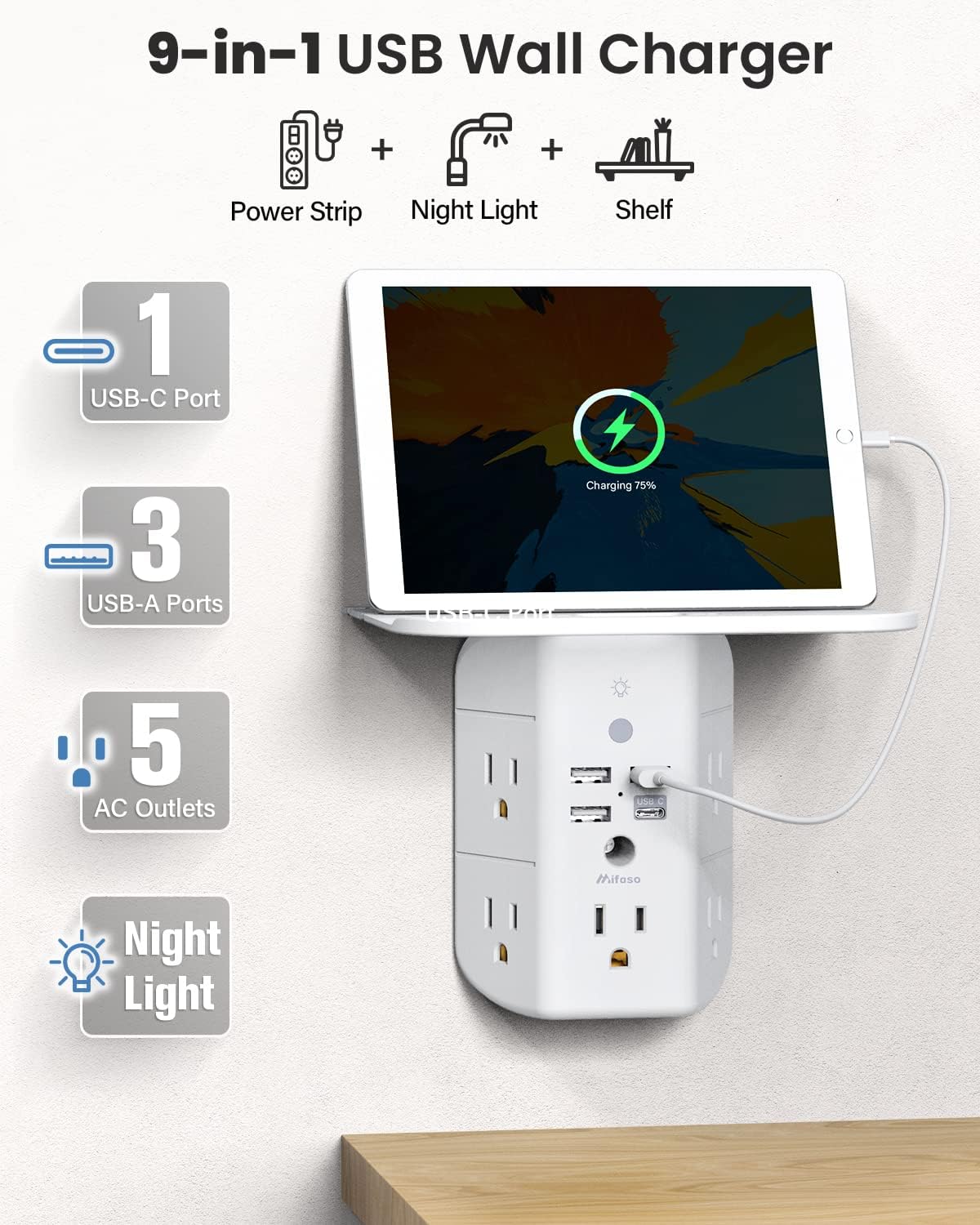 Wall Outlet Extender with Shelf and Night Light,Surge Protector,USB Wall Charger with 5 AC Outlets and 3 USB Ports 1 USB C Outlet Wide Space 3-Sided Power Strip Multi Plug Outlets… - Image 3