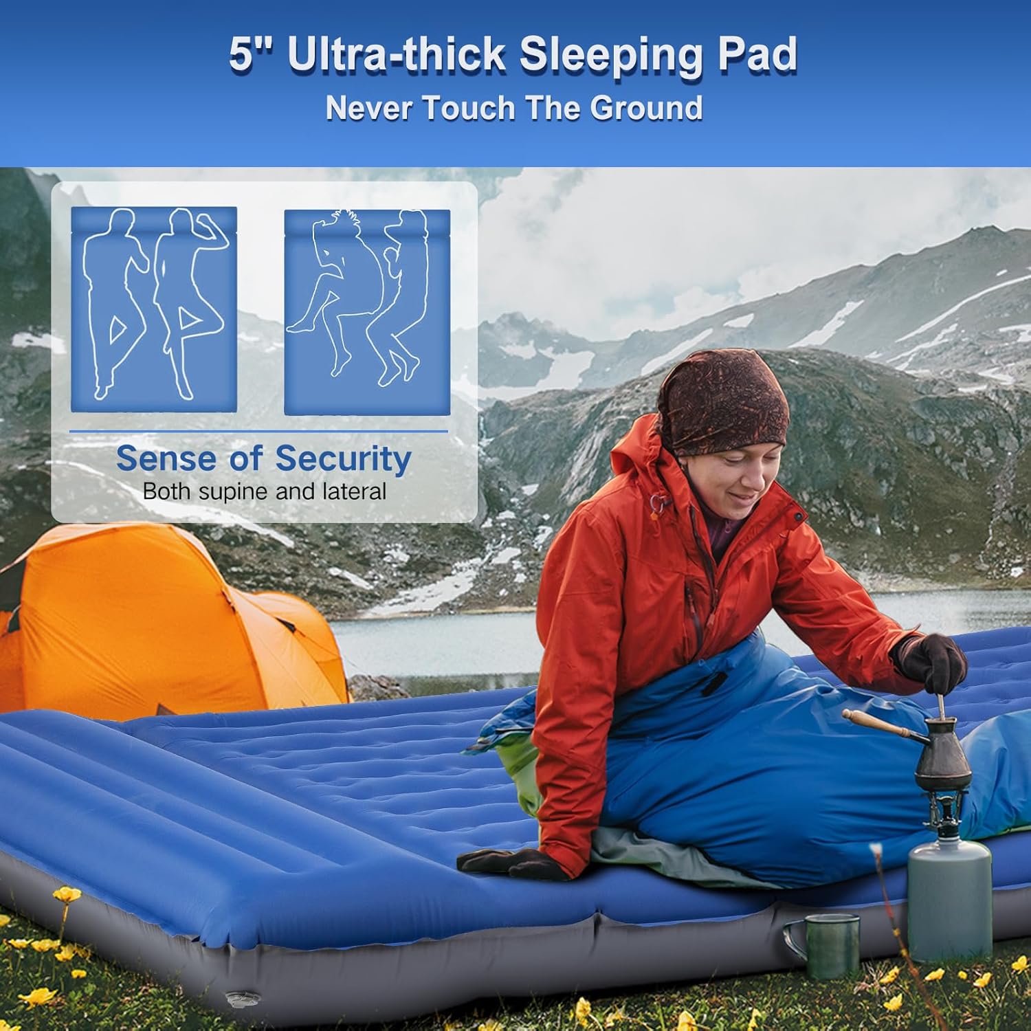 Double Sleeping Pad Camping, Self Inflating 6'' Extra-Thick 2 Person Pillow Built-in Foot Pump Waterproof Inflatable Sleeping Mat Backpacking, Tent, Hiking, Portable Camping Pad (Navy Grey) - Image 3