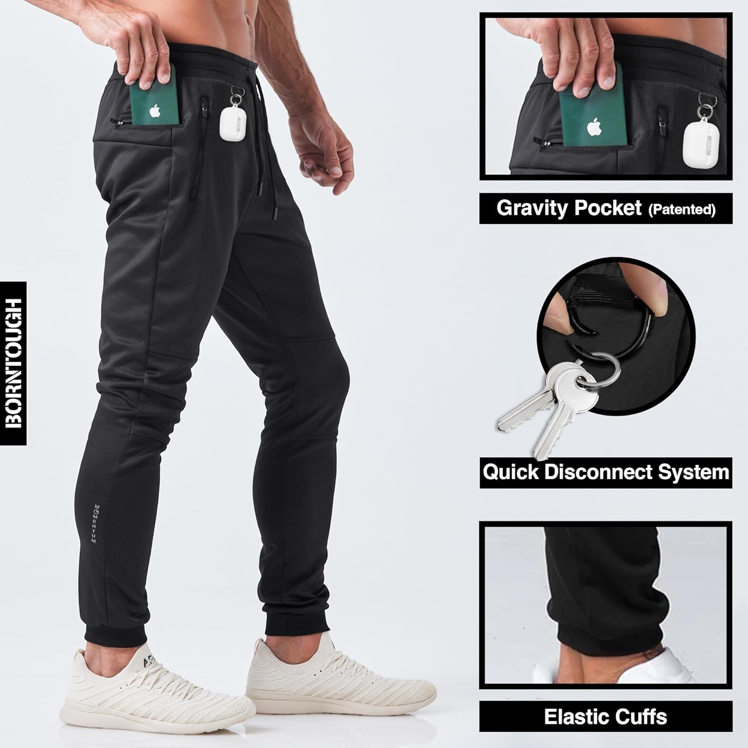 Born Tough Slim-Fit Mens Workout Joggers Pants, Tapered Bodybuilding Gym Joggers, Athletic Running Sweatpants Zipper Pockets - Image 3