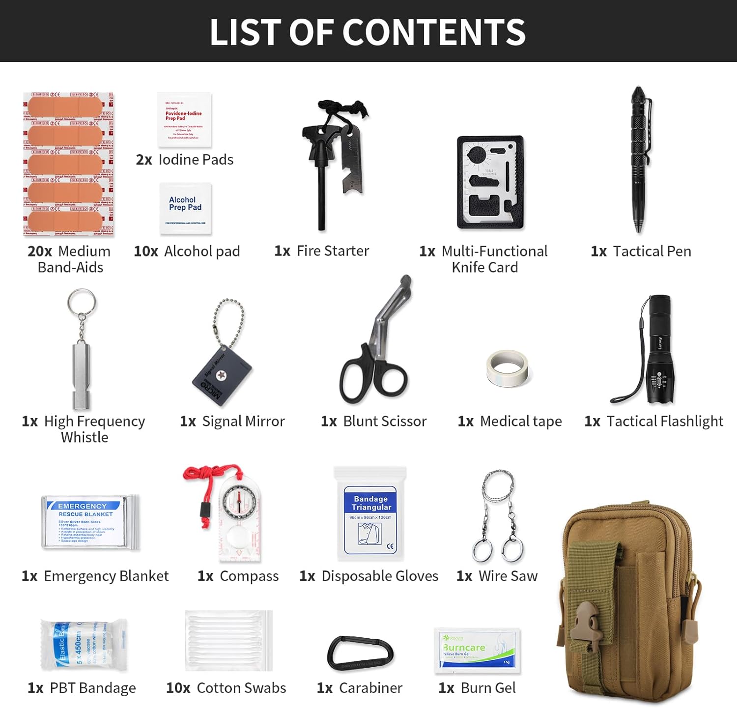 Kitgo Camping Emergency Tourniquet Survival Kit Safety First Aid Kit with Pro Tool Outdoor Survival Gear Tactical Small Molle Pouch for Home Hiking Hunting Adventures (Khaki) - Image 3