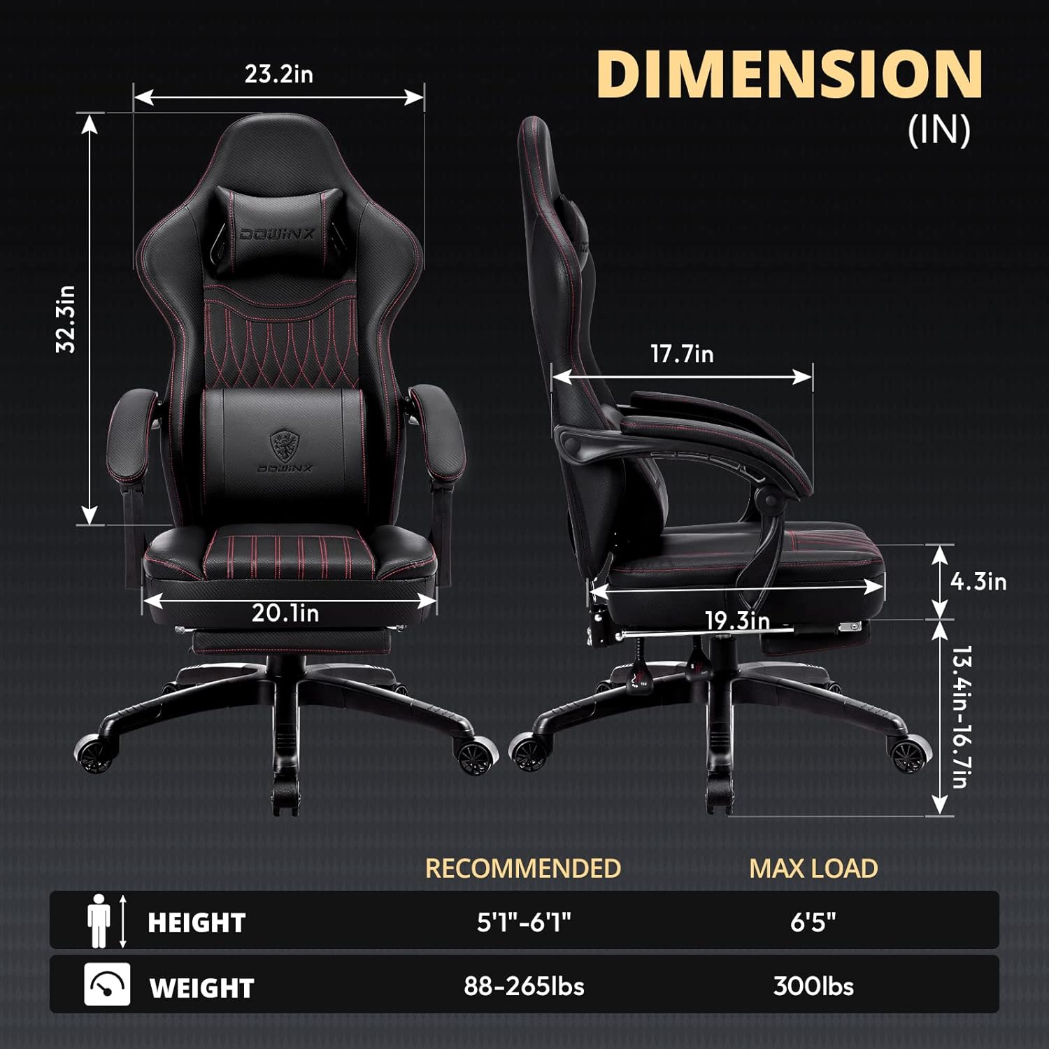 Dowinx Gaming Chair Breathable PU Leather Gamer Chair with Pocket Spring Cushion, Ergonomic Computer Chair with Massage Lumbar Support,Adjustable Swivel Task Chair with Footrest(Black) - Image 3