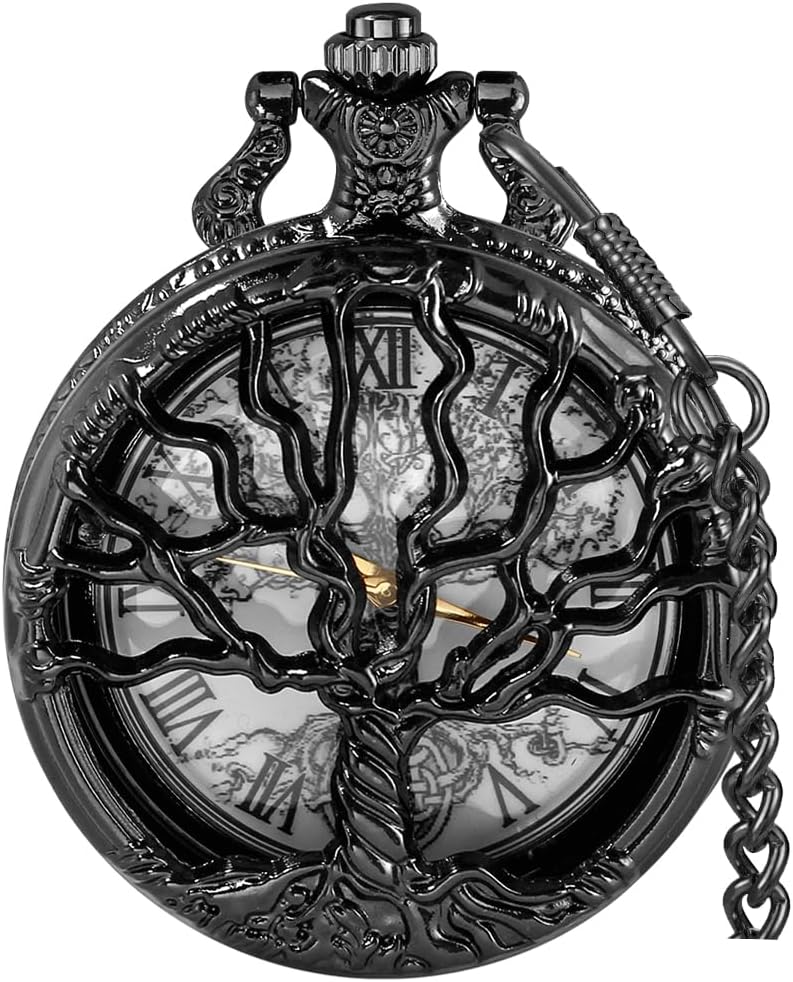 Pocket Watch Hollow Tree of Life Design Roman Numerals Customizable Quartz Pocket Watch with Chain Birthday Gifts - Image 2