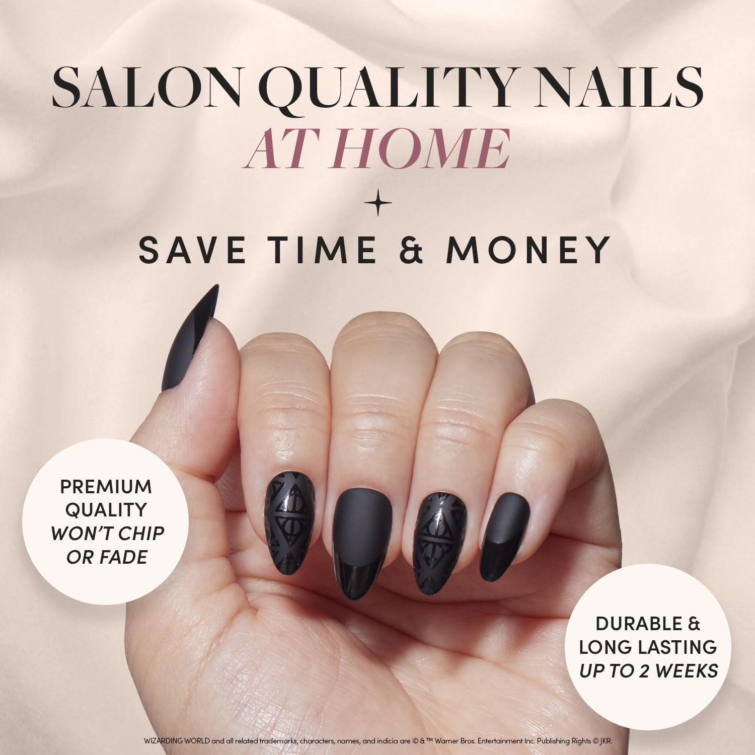 Harry Potter™ x Glamnetic Press On Nails - Deathly Hallows™ | Black Harry Potter™ Graphic Short Almond False Nails, Reusable Stick On Fake Nails with Glue | Salon Quality | 15 Sizes - 30 Nail Kit - Image 3