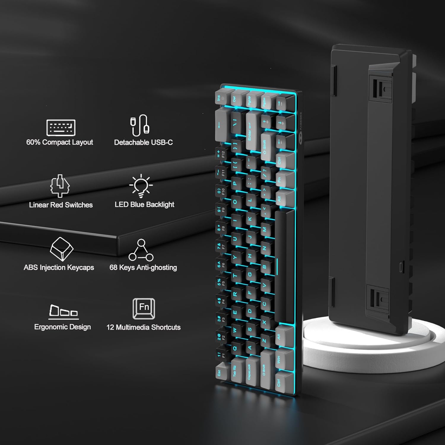 MageGee Portable 60% Mechanical Gaming Keyboard, MK-Box LED Backlit Compact 68 Keys Mini Wired Office Keyboard with Red Switch for Windows Laptop PC Mac - Black/Grey - Image 3