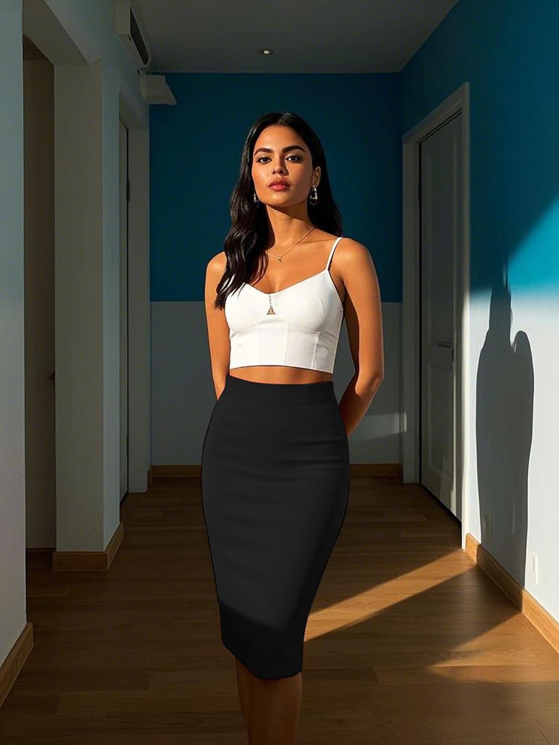 Made By Johnny Women's Premium Scuba Stretch High Waist Pencil Skirt Below Knee for Office Wear - Image 4