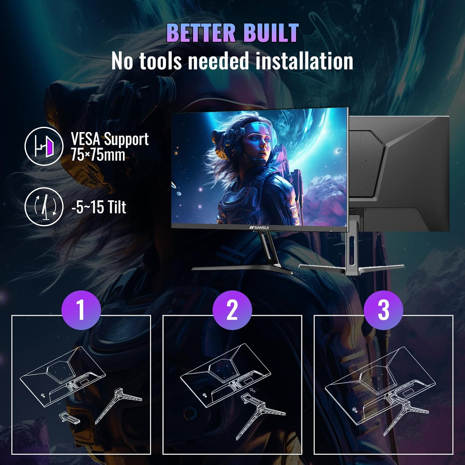 SANSUI 24 Inch Gaming Monitor 180Hz, Computer Monitor with Speakers 1*DP 2*HDMI Ports, FHD 1080P 110% sRGB VESA Support Eye Cares (One HDMI Cable Included ES-G24F4S) - Image 8