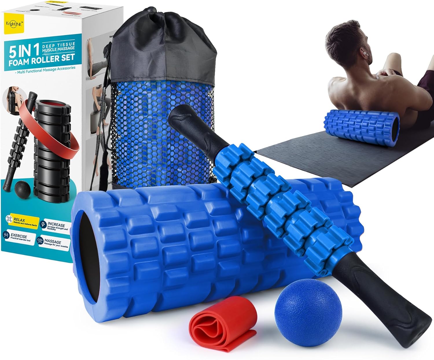 5 in 1 Foam Roller Set for Deep Tissue Muscle Massage, High Density Trigger Point Fitness Patented Exercise Foam Roller, Massage Roller, Massage Ball, Resistance Band, for Whole Body - Image 2