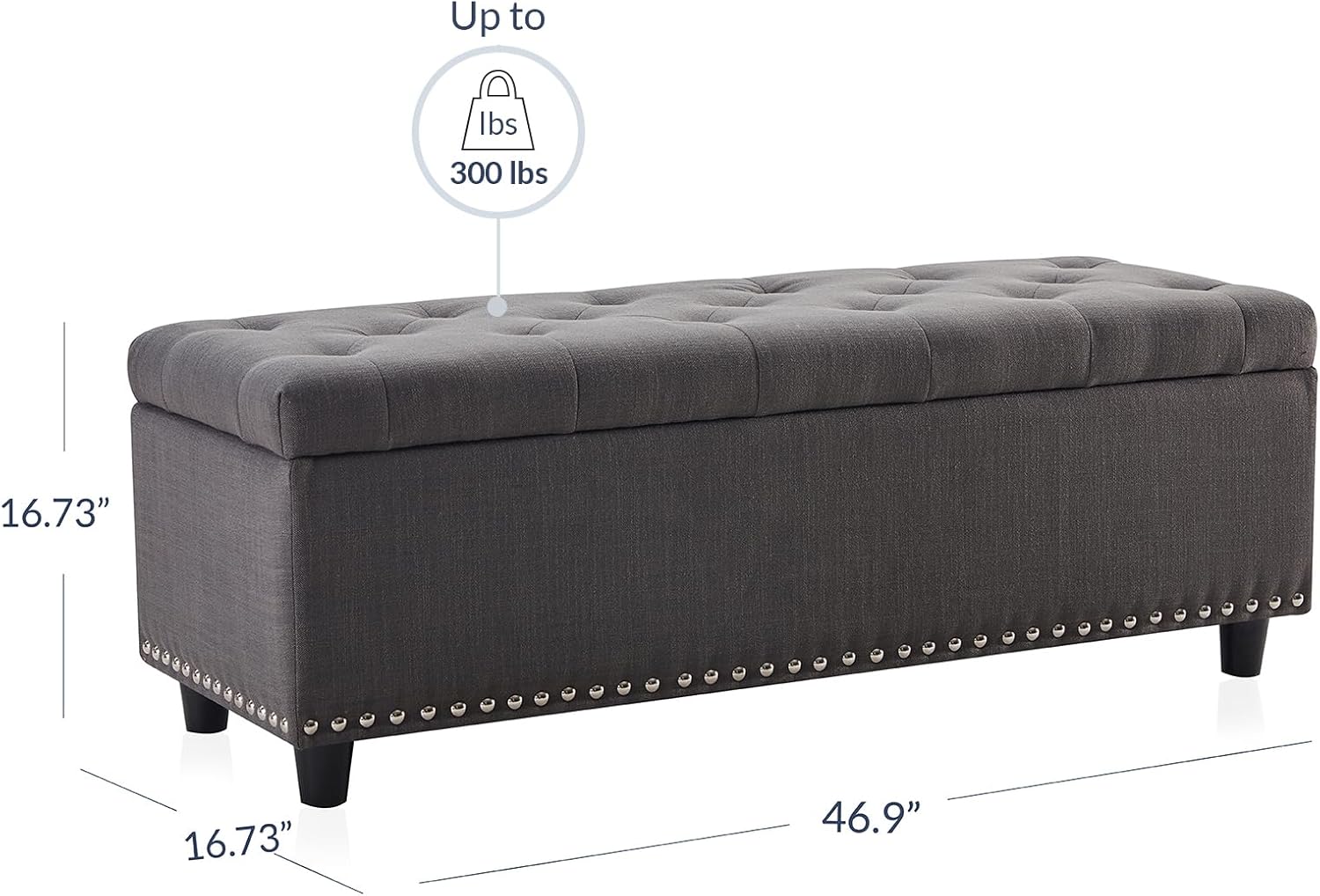 BELLEZE 47 Inch Storage Ottoman, Button-Tufted Ottoman Linen Storage Bench with Safety Close Hinge, Ottoman with Storage for Living Room, Entryway, Hallway, Foot Rest, Support 300lbs - Dark Gray - Image 3