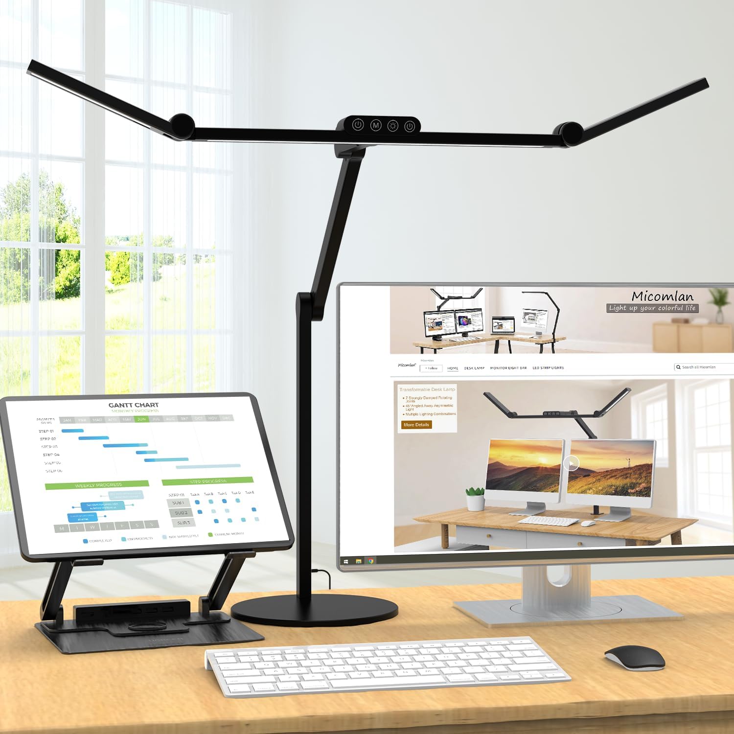 Micomlan Architect Desk Lamp with Atmosphere Lighting, Adjustable Led Desk Light for Home Office with Base, 24W Bright Auto Dimming Table Light with Rotatable Swing Arm for Workbench Computer - Image 2