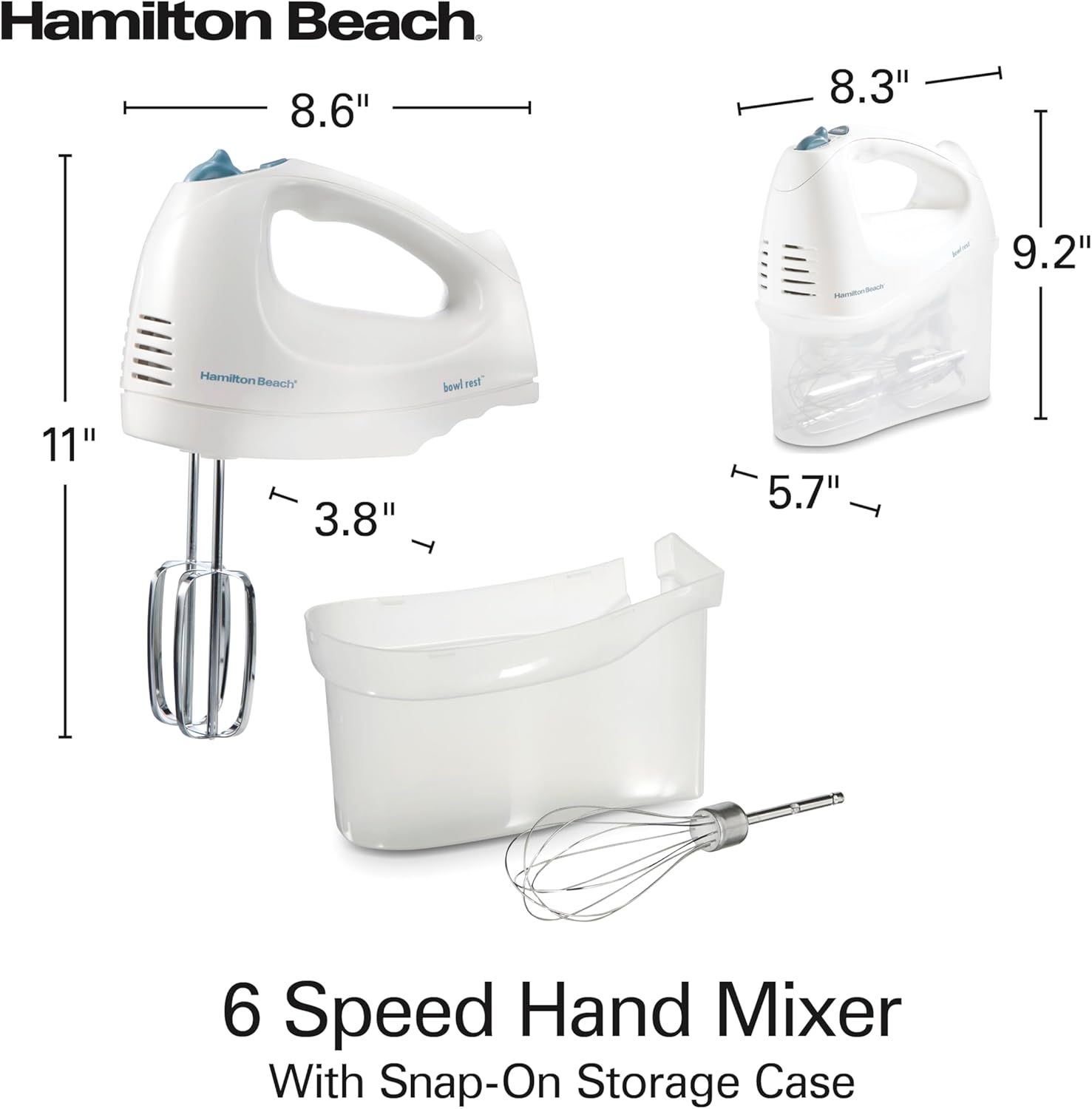 Hamilton Beach 6-Speed Electric Hand Mixer with Whisk, Traditional Beaters, Snap-On Storage Case, 250 Watts, White - Image 9