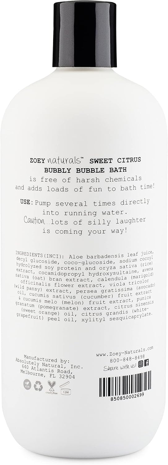 Zoey Naturals - Sweet Citrus Bubble Bath for Kids & Babies - Organic Tear-Free, Non-Toxic Toddler Soap with Moisturizing Aloe & Avocado Oil - Long Lasting Bubbles - Made in USA, 17 oz - Image 3