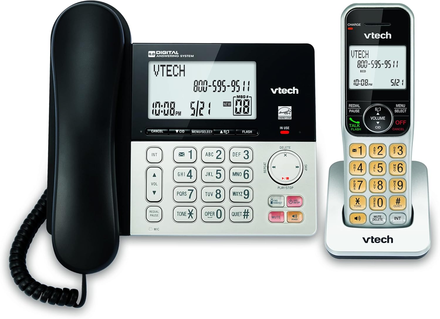 VTech VG208 DECT 6.0 Corded/Cordless Phone for Home with Answering Machine, Call Blocking, Caller ID, Large Backlit Display, Duplex Speakerphone, Intercom, Line-Power(Silver/Black) - Image 2