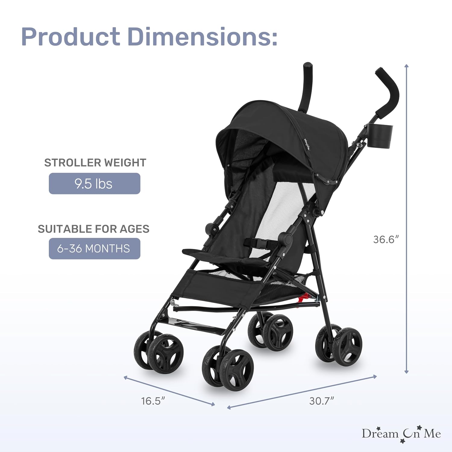 Dream On Me Rover Convenience Baby Stroller in Black, Lightweight & Compact Umbrella Stroller, Easy one-Hand fold Travel Stroller, Lockable Rear Wheels, Removable & Adjustable Canopy - Image 3
