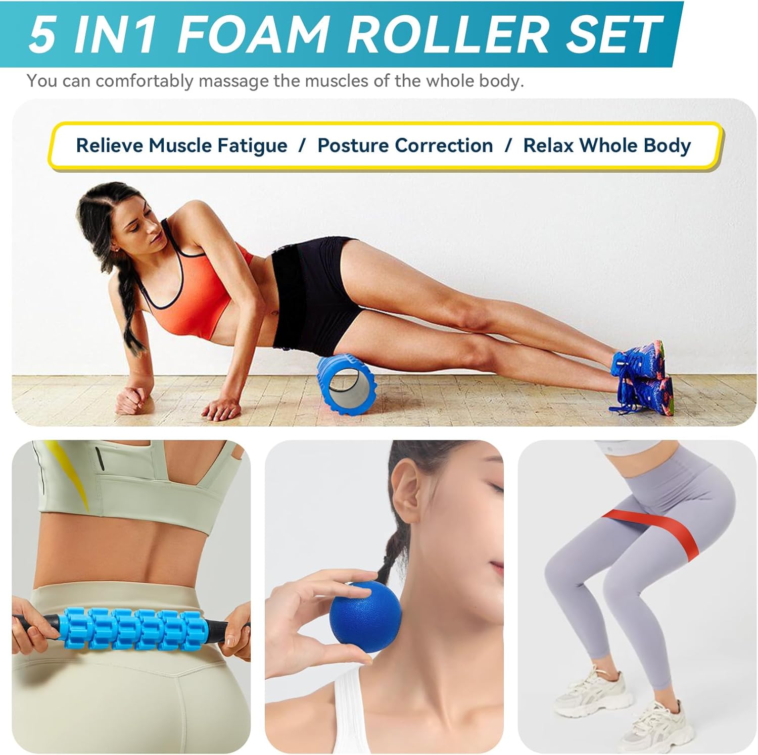 5 in 1 Foam Roller Set for Deep Tissue Muscle Massage, High Density Trigger Point Fitness Patented Exercise Foam Roller, Massage Roller, Massage Ball, Resistance Band, for Whole Body - Image 7
