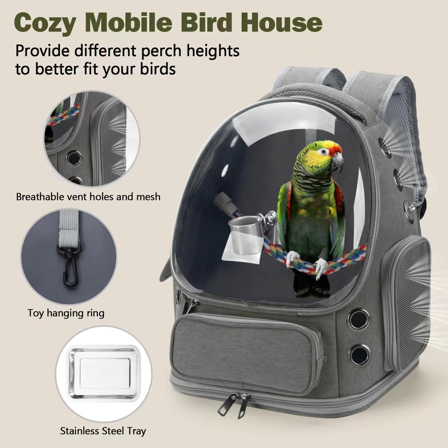 Bird Stand Travel Cage with Stand with Standing Perch and Stainless Steel Tray, Breathable Transparent Window for Small Birds, Green Cheeks, Cockatiels, Parrots, for Camping and Hiking - Grey - Image 5