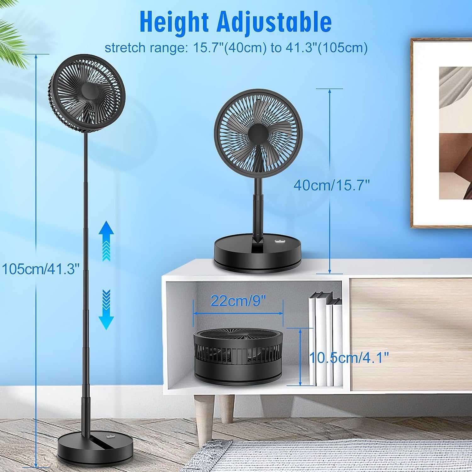 LIPETY Portable Foldable Rechargeable Oscillating Fan - 9" 7200mah Battery Operated USB C Small Fan Remote, Quiet Table Desk Fan Folding Standing Pedestal Fans for Bedroom Rome Office Camping Travel - Image 6