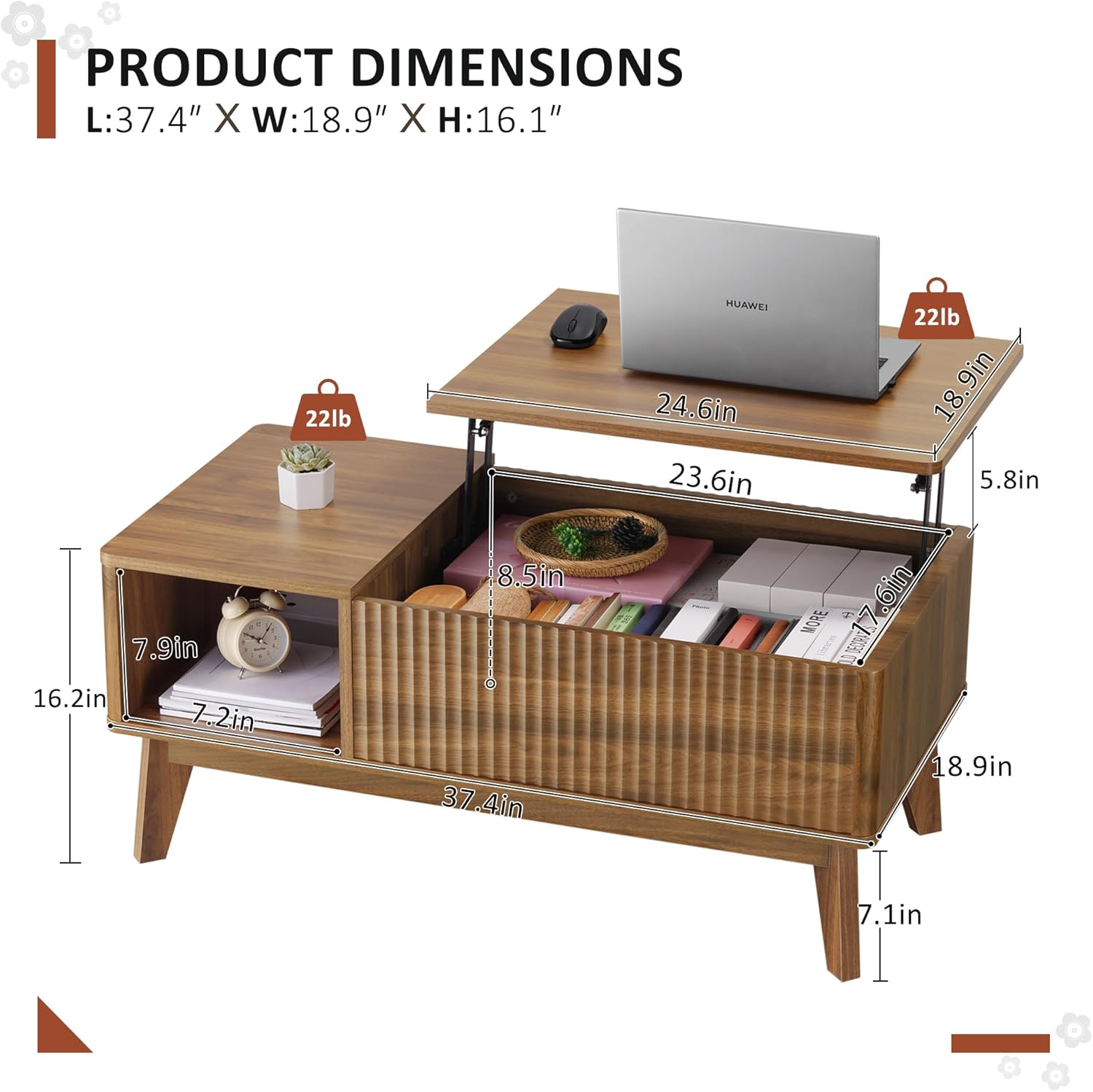 LYNCOHOME Fluted Coffee Table with Hidden Compartment, Wood Lift Top Coffee Tables, Modern Center Table for Living Room, Home Office(Walnut) - Image 3