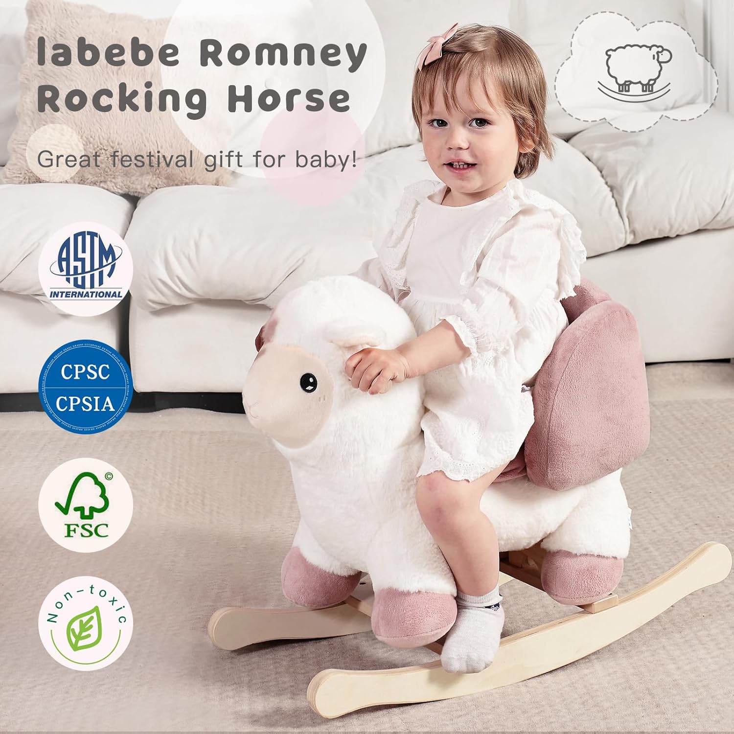 labebe - Baby Sheep Rocking Horse, Kids Plush Stuffed Rocking Animals, Ovis Aries Rocker with Seatbelt for 6 Months Babies, White Romney Rocking Horse for Toddler 1-3 Age Girl - Image 3