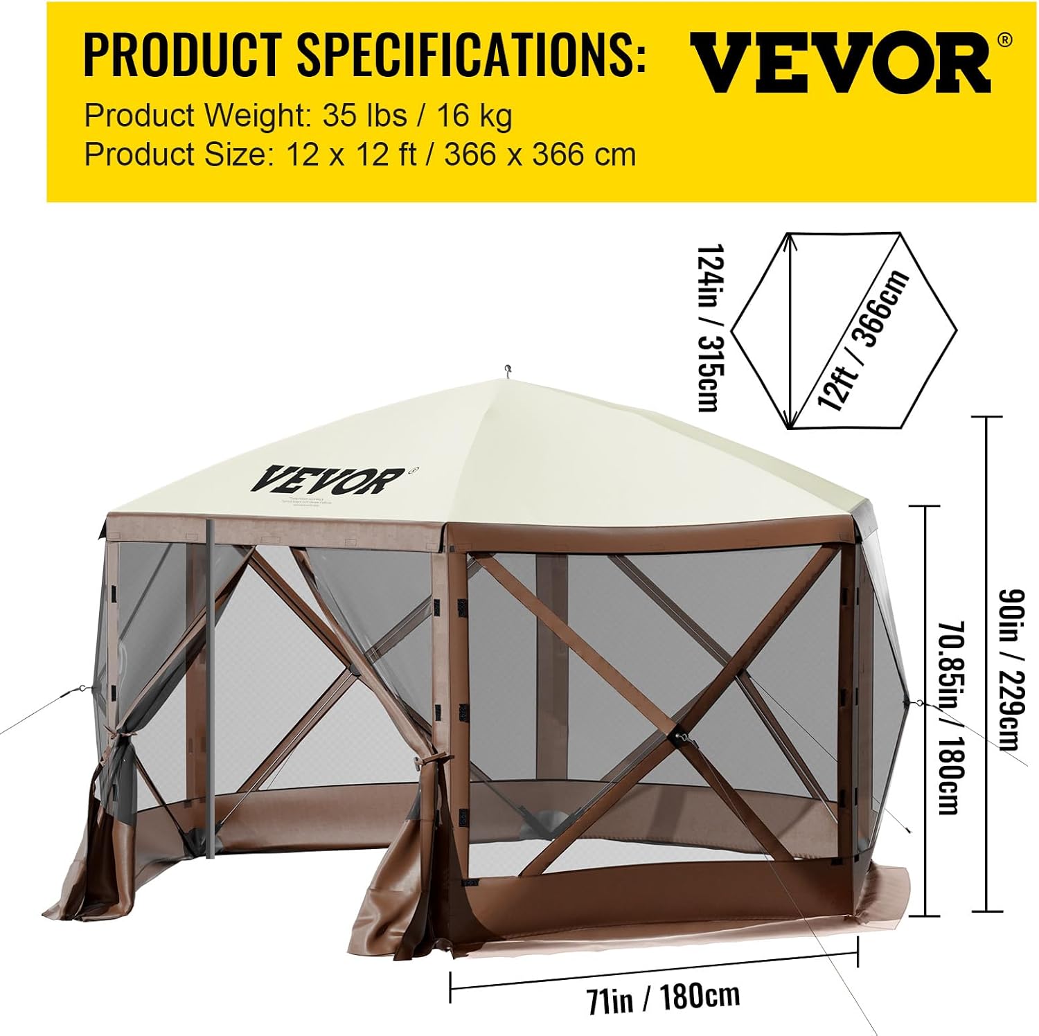 VEVOR 12 * 12ft 6 Sided Pop-up Canopy Shelter Tent with Mesh Windows, Portable Carry Bag, Stakes, Large Shade Tents for Outdoor Camping, Lawn and Backyard, Brown/Beige - Image 9