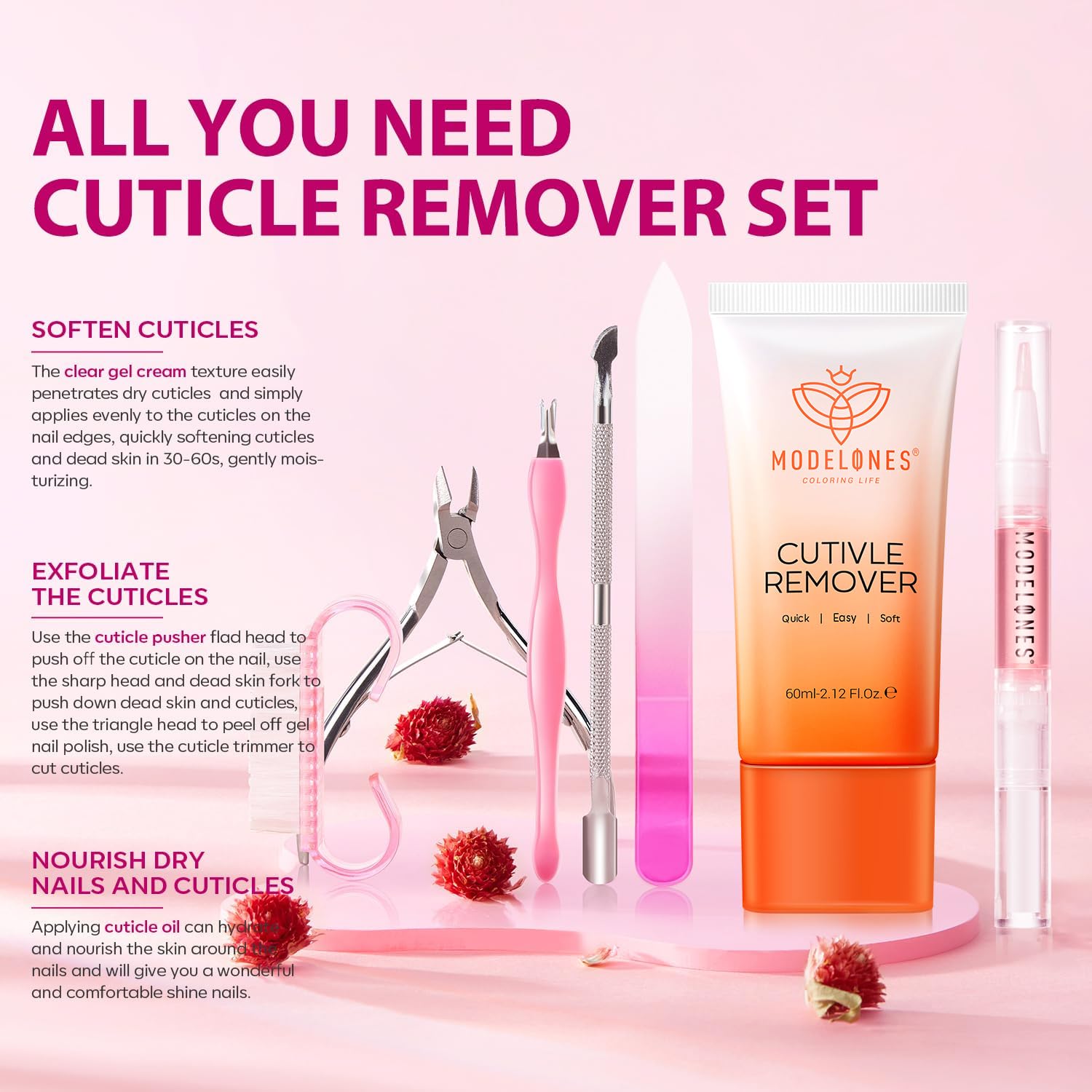 Modelones Cuticle Remover Kit - Cuticle Remover Cream & Cuticle Oil, Cuticle Care Kit w/Cuticle Trimmer Cuticle Pusher & Cuticle Nipper for DIY Nail Manicure, Removedor de Cuticula for Nail Care - Image 3