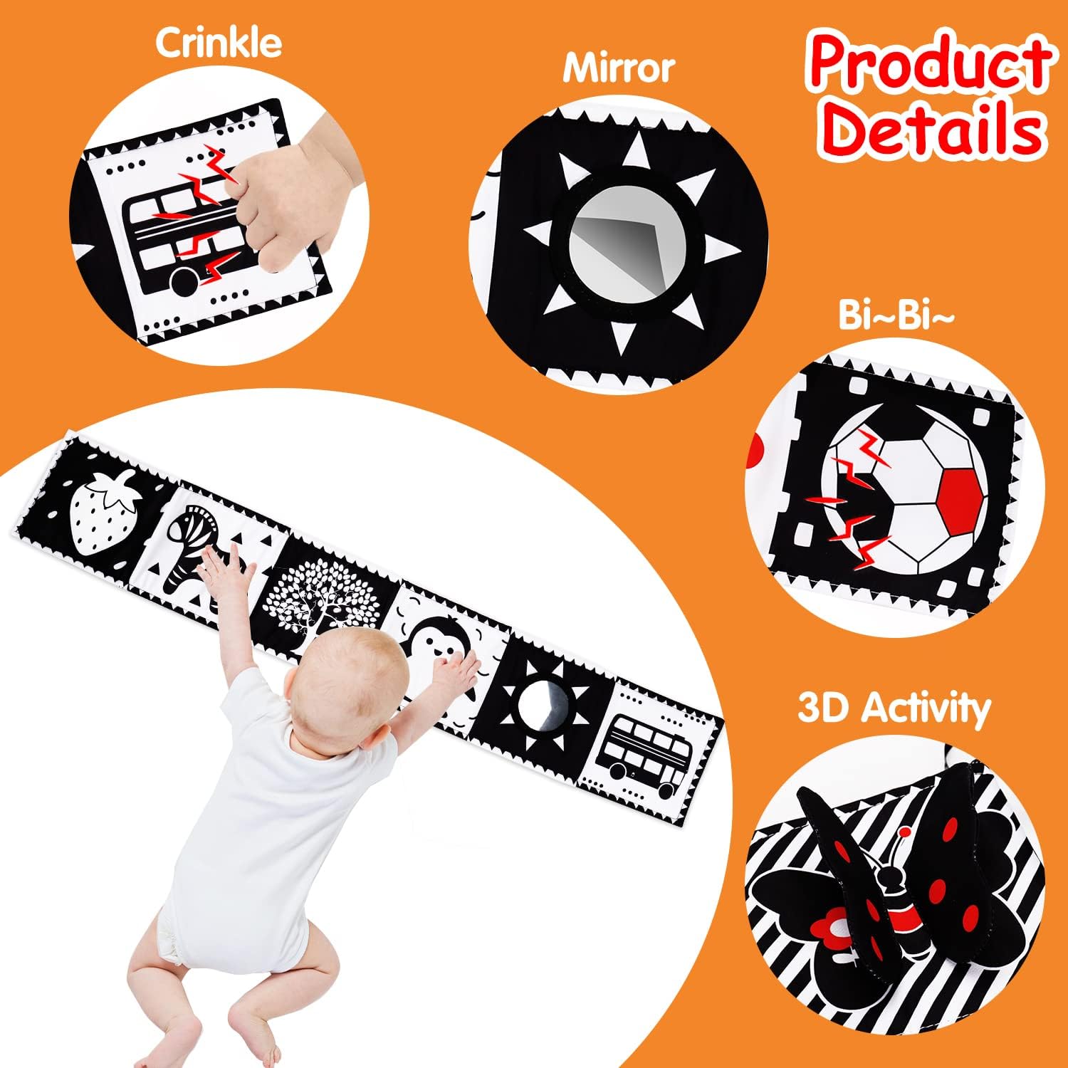 Black and White High Contrast Baby Toys 0-6 6-12 Months Soft Book for Newborn Brain Development Tummy Time Toys Infant Sensory Crinkle Toys 0-3 3-6 Month Montessori Learning Activities for Babies - Image 5