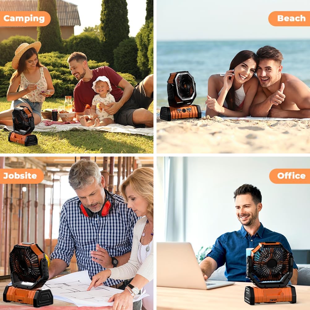 Camping Fan - 20000mAh Battery Powered Fan Rechargeable with LED Lantern - Portable Outdoor Tent Fans with Hanging Hook 4 Speeds Wind Remote Control - Image 8