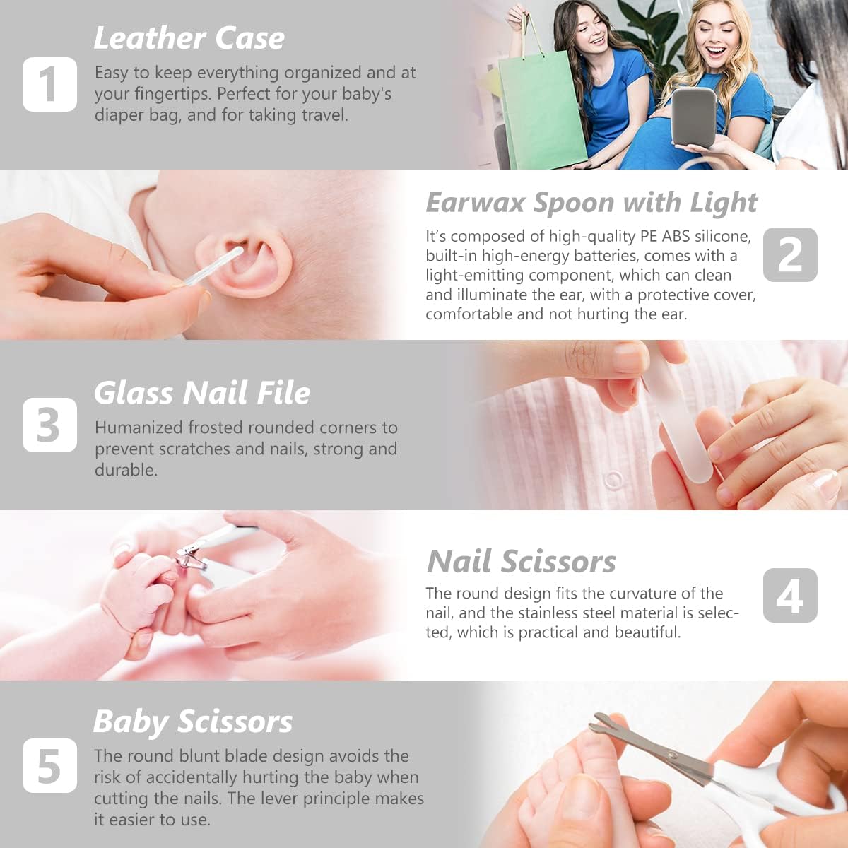 Baby Grooming Kit, 15 in 1 Portable Baby Safety Care Set with 01 Hair Brush Comb Nail Clipper Nasal Aspirator etc for Nursery Newborn Infant Girl Boys Keep Clean(White) - Image 3