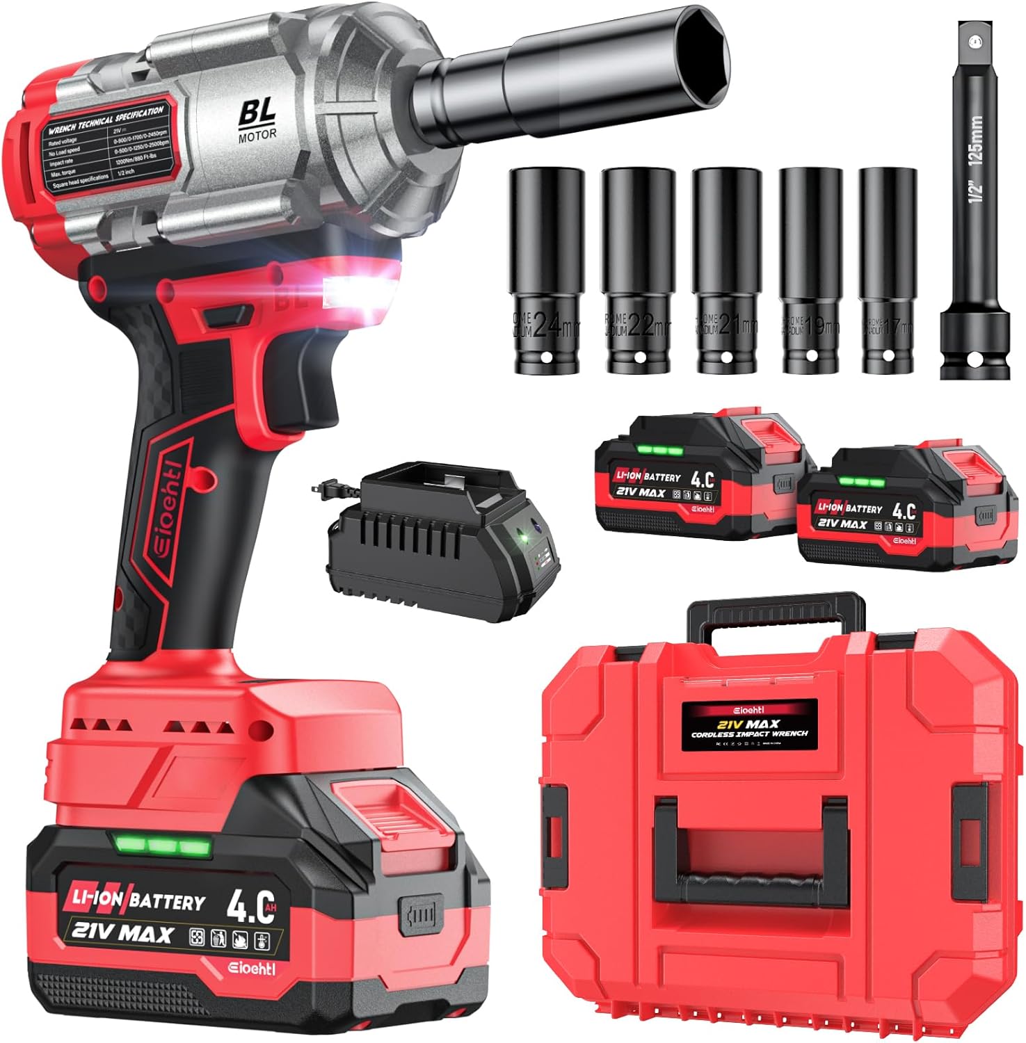Cordless Impact Wrench, 1200Nm(900 Ft-lbs)1/2" Brushless Impact Gun, 2x4.0AH Batteries Electric Impact Motor Variable Speeds, 21V High Torque Power Impact Driver Ideal for Car, DIY, and Truck RV/Mower - Image 2
