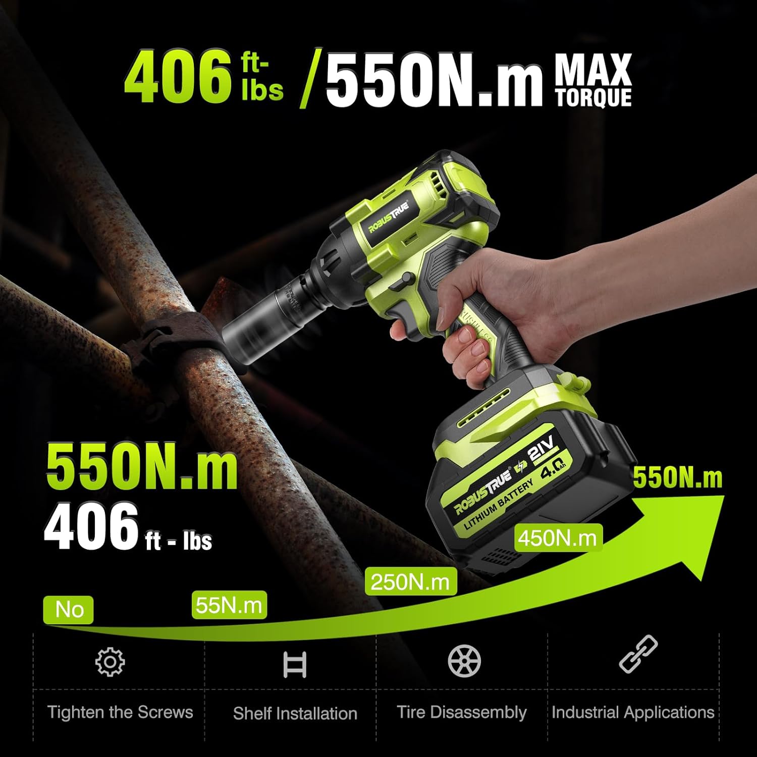 Cordless Impact Wrench, 406Ft-lbs (550N.m) Brushless 1/2 inch, 2800RPM High Torque Impact Gun, 2x 4.0Ah Battery, Charger, 4 Sockets, Electric Impact Wrench for Car Home - Image 4