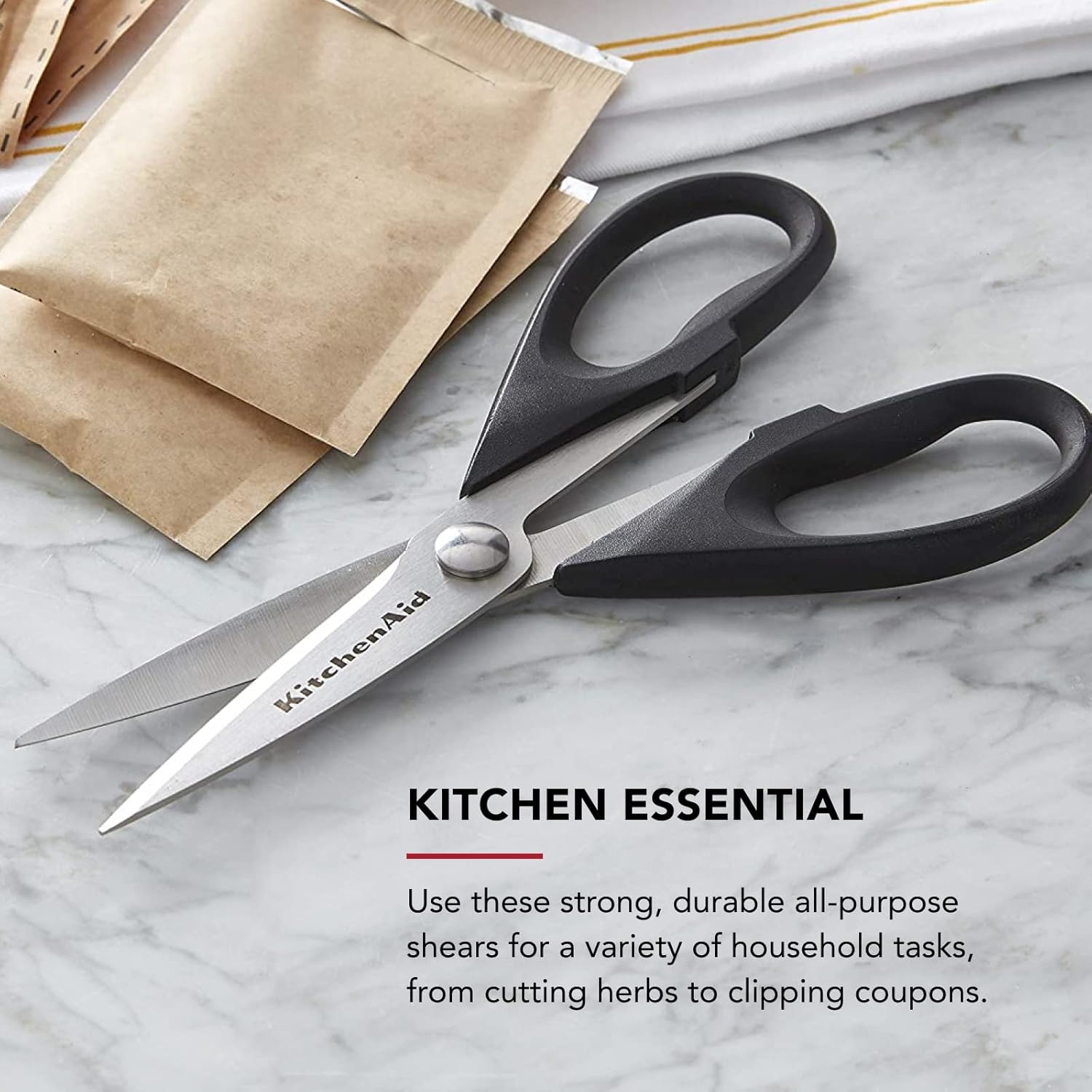 KitchenAid All Purpose Kitchen Shears with Protective Sheath Durable Stainless Steel Scissors, Dishwasher Safe, Soft Grip Comfort Handle, 8.72 Inch, Black - Image 3