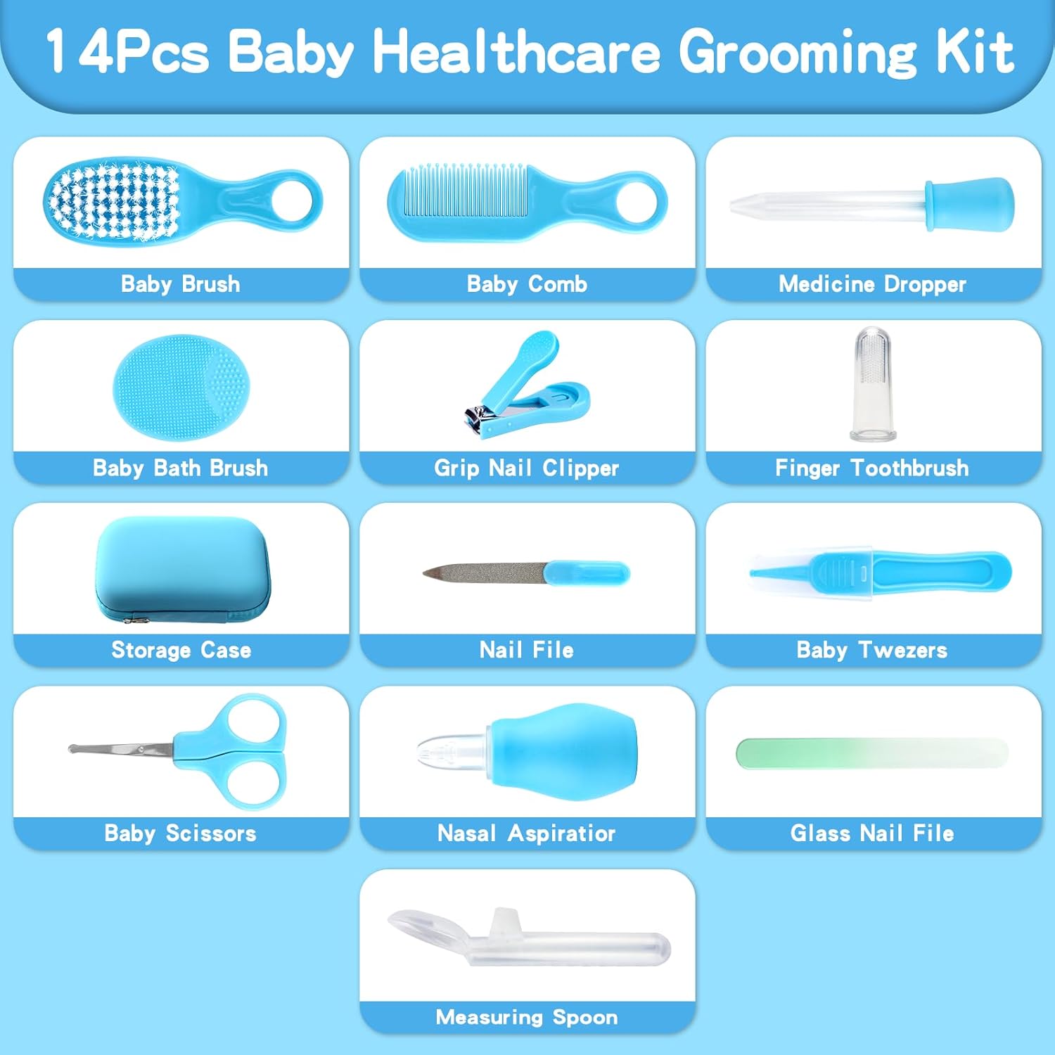 Baby Healthcare and Grooming Kit, 14 in 1 Baby Safety Set Newborn Nursery Health Care Set with Hair Brush Scale Nail Clippers for Baby Girls Boys (Blue 14 in 1) - Image 3
