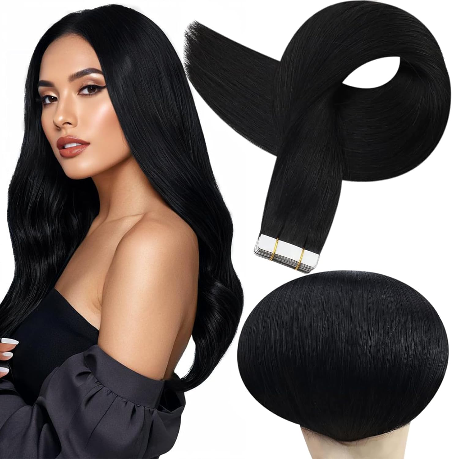 Full Shine Real Human Hair Tape in Extensions Black 24Inch Double Sided for Skin Weft Tape in Hair Extensions 20Pcs 50Gram Color 1 Jet Black Seamless Hair Extensions Real Human Hair Straight - Image 2
