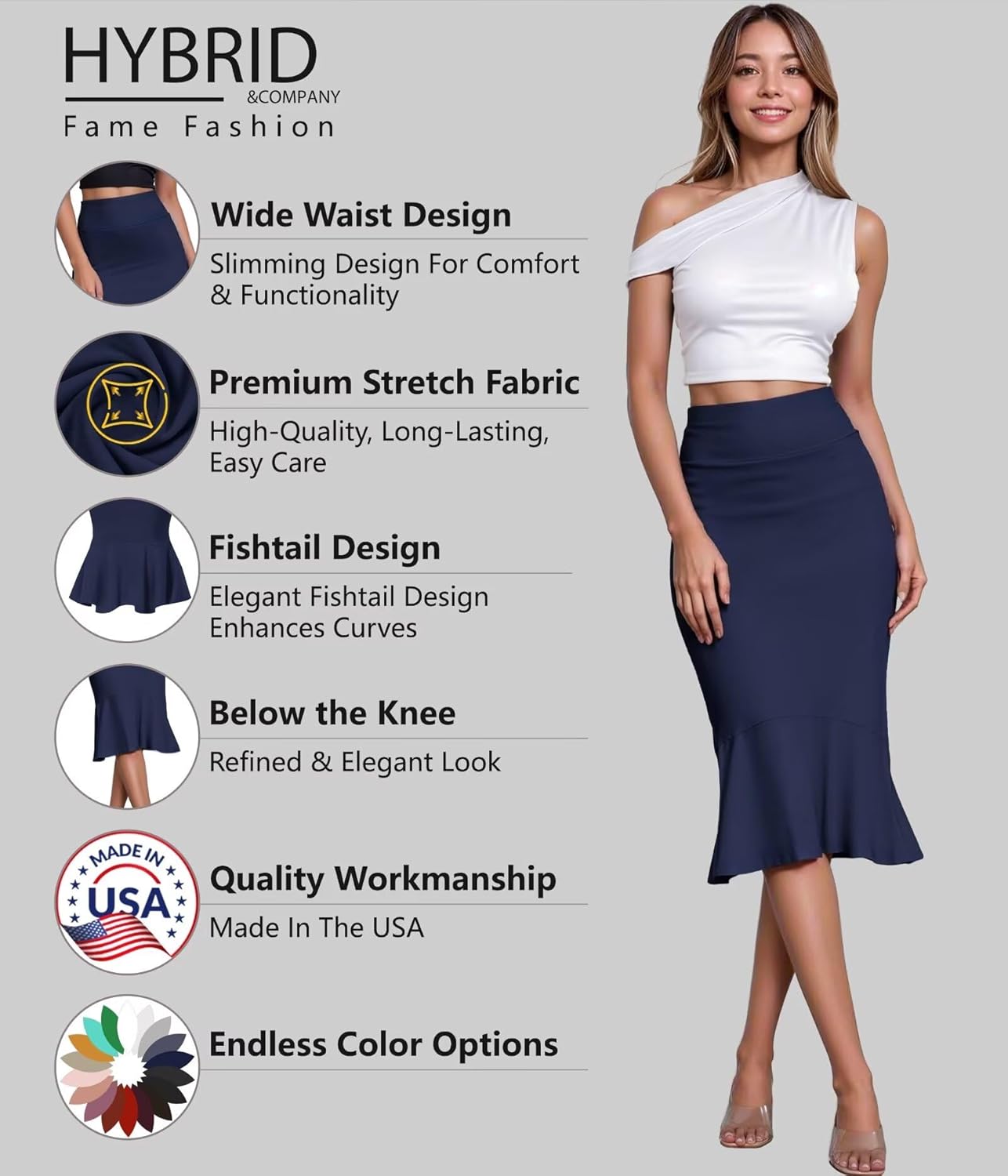Hybrid & Company Womens Premium Nylon Ponte Stretch Office Fishtail Pencil Skirt High Waist Made in The USA Below Knee - Image 3