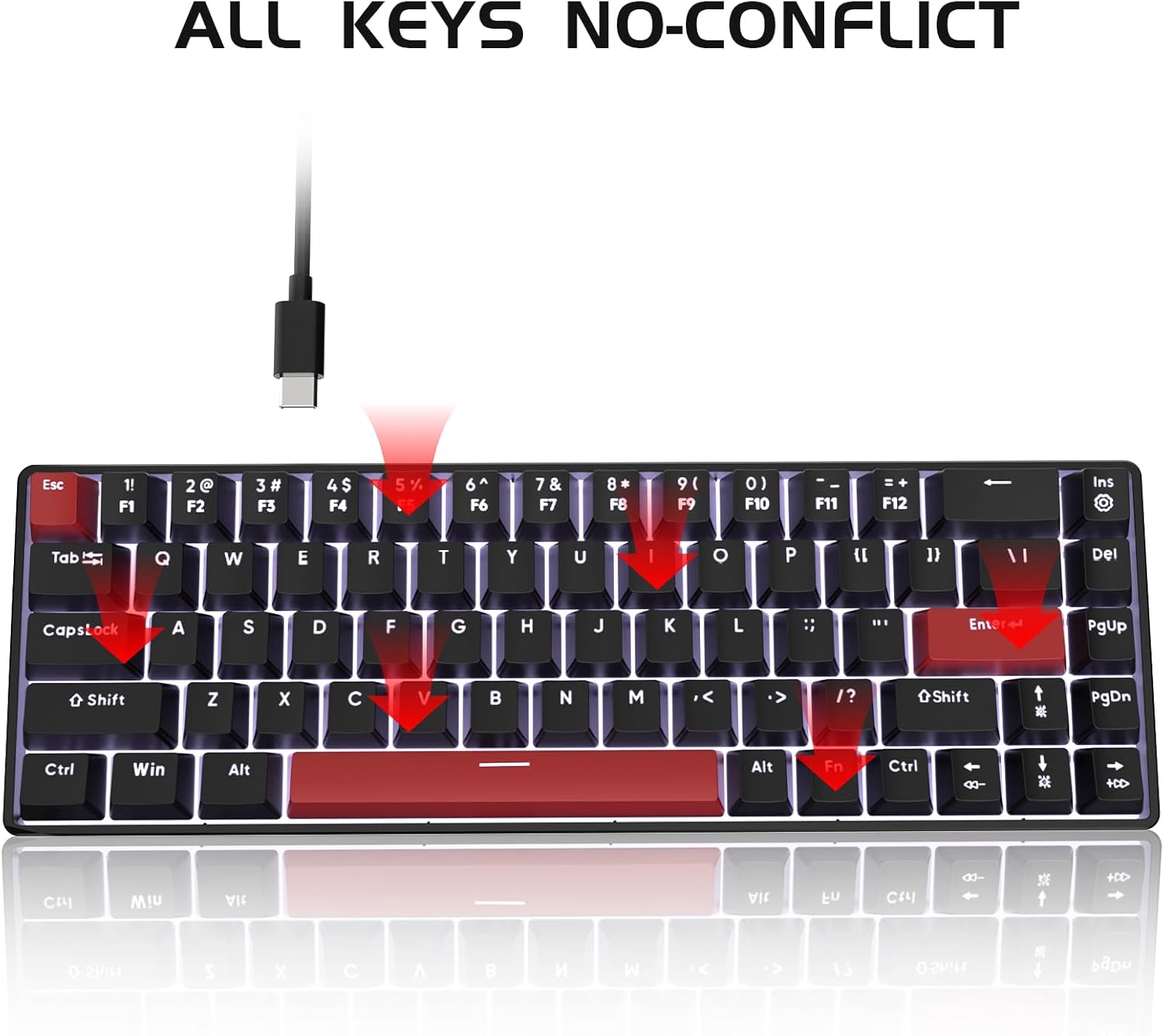 FFJ Portable 60% Mechanical Gaming Keyboard, Anti-ghostin, White LED Backlight, Compact 68 Keys Mini Wired Keyboard with Linear Red Switch for Windows Laptop PC Mac Gamer - Black - Image 5