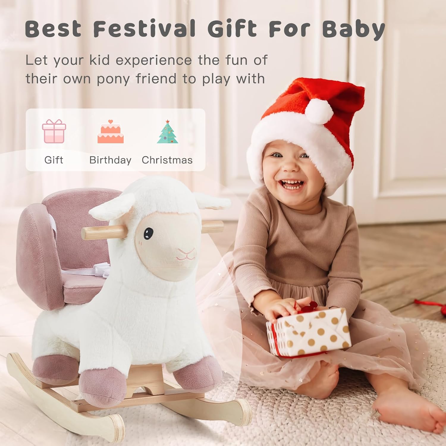 labebe - Baby Sheep Rocking Horse, Kids Plush Stuffed Rocking Animals, Ovis Aries Rocker with Seatbelt for 6 Months Babies, White Romney Rocking Horse for Toddler 1-3 Age Girl - Image 8