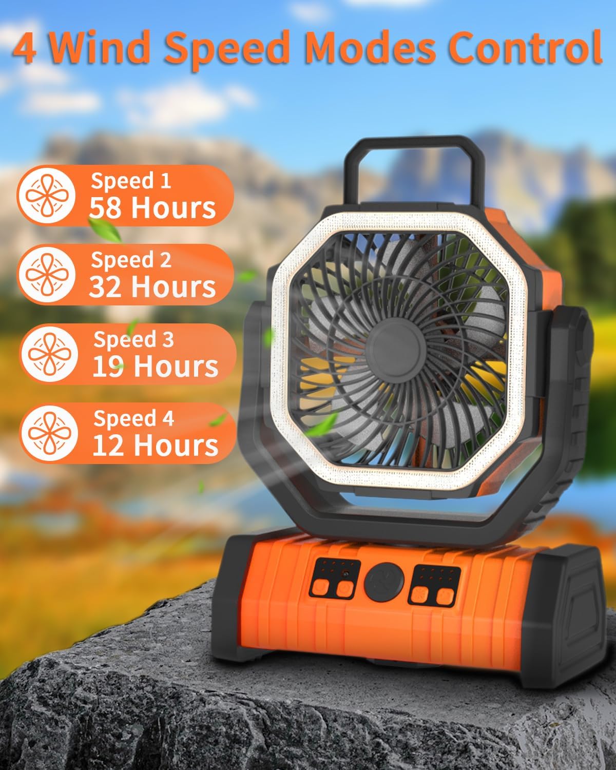 ADUST Camping Battery Operated Powered Fan with LED Lantern Light 20000mAh Rechargeable Portable Oscillating Fan with 360° Rotation Hanging Hook for Tents, Cordless USB Desk Fan(Orange) - Image 4