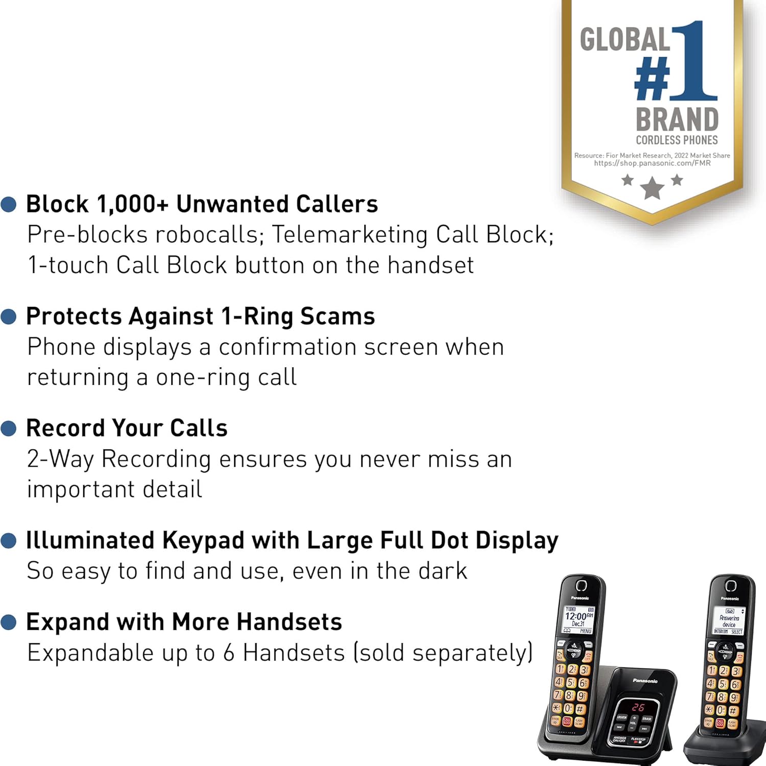 Panasonic Cordless Phone with Answering Machine, Advanced Call Block, Bilingual Caller ID and Easy to Read High-Contrast Display, Expandable System with 2 Handsets - KX-TGD832M (Metallic Black) - Image 3