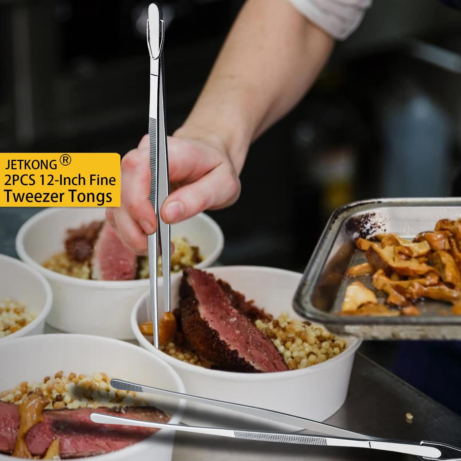 JETKONG 2 Pcs 12-Inch Kitchen Tweezers Fine Tweezer Tongs, Extra-Long Stainless Steel Cooking Tweezers (Silver) - Image 3