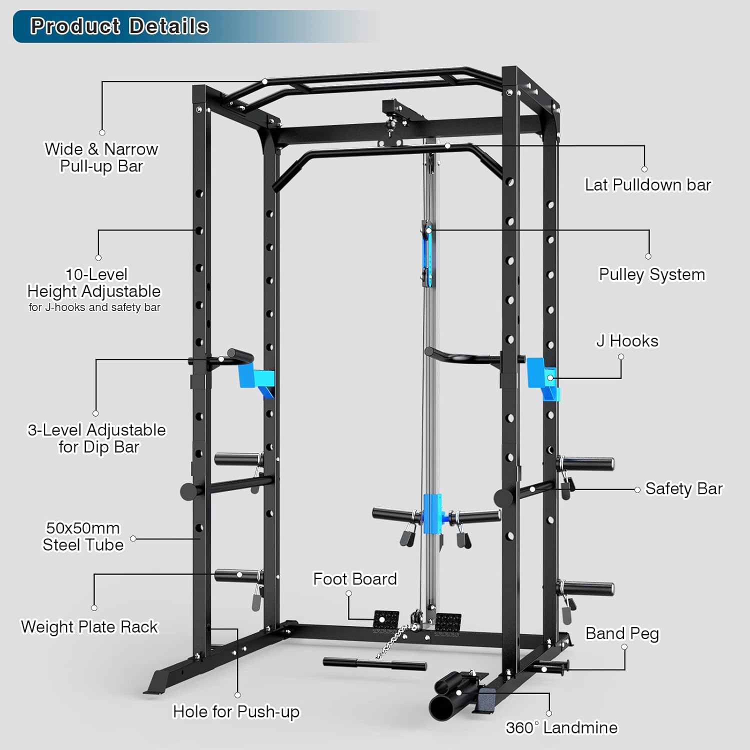 Power Cage, Multi-Functional Power Rack with J-Hooks, Dip Handles, Landmine Attachment and Optional Cable Pulley System for Home Gym - Image 7