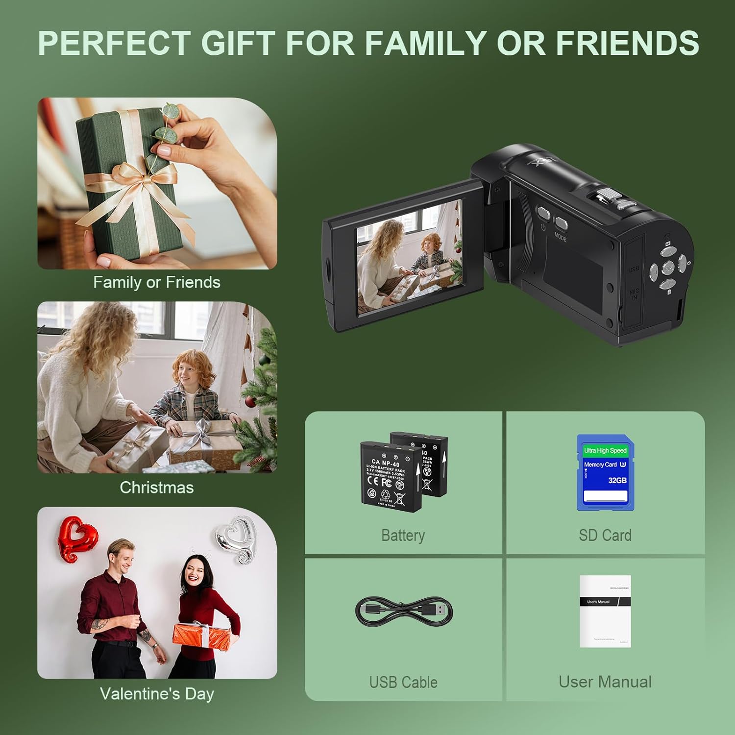 2.7K Video Camera Camcorder QHD 50MP YouTube Vlogging Camera 16X Digital Zoom Webcam 270 Degree Rotation Screen Camcorders with 32G SD Card and 2 Batteries Recording While Charging - Image 8