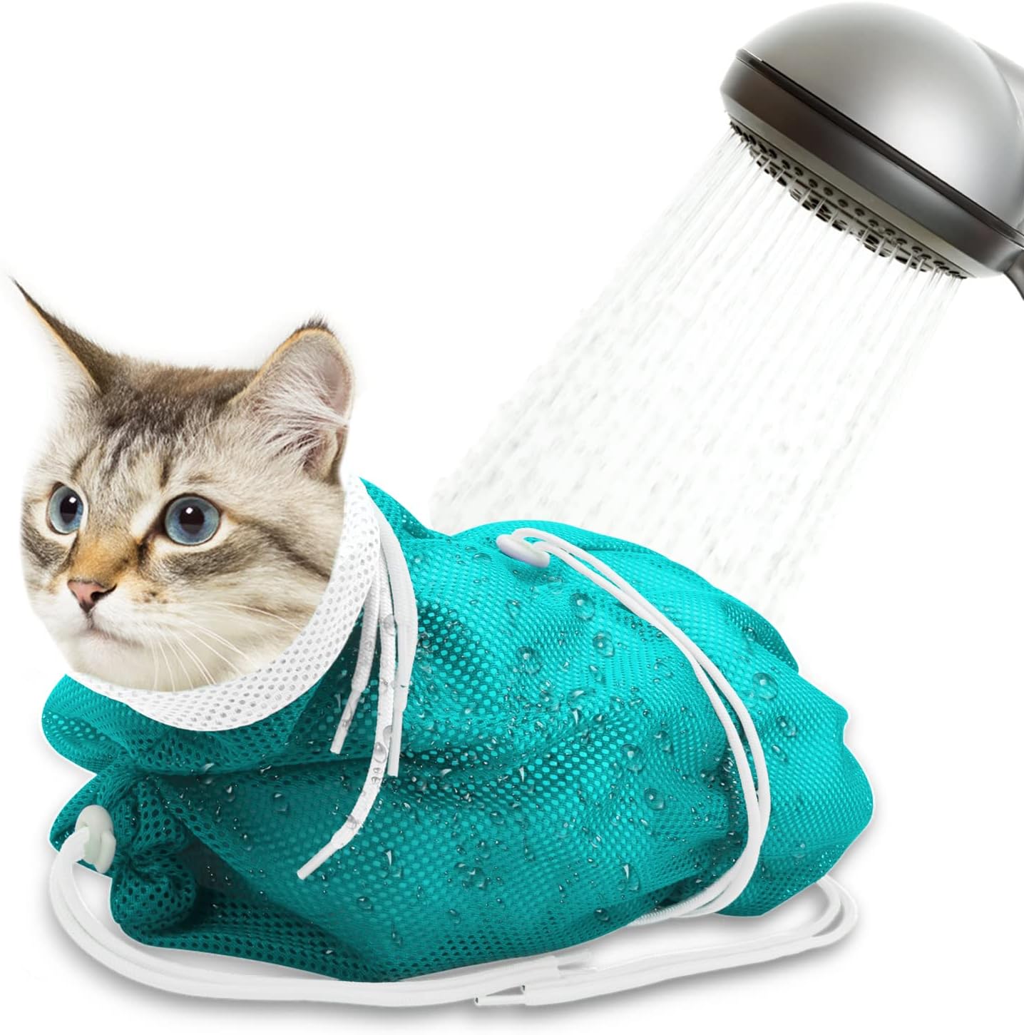 Cat Bathing Bag, Breathable Mesh Cat Shower Bag Anti Scratch Adjustable Cat Grooming Bag for Nail Trimming, Bathing Polyester Soft Cat Washing Bag (White-Green) - Image 2