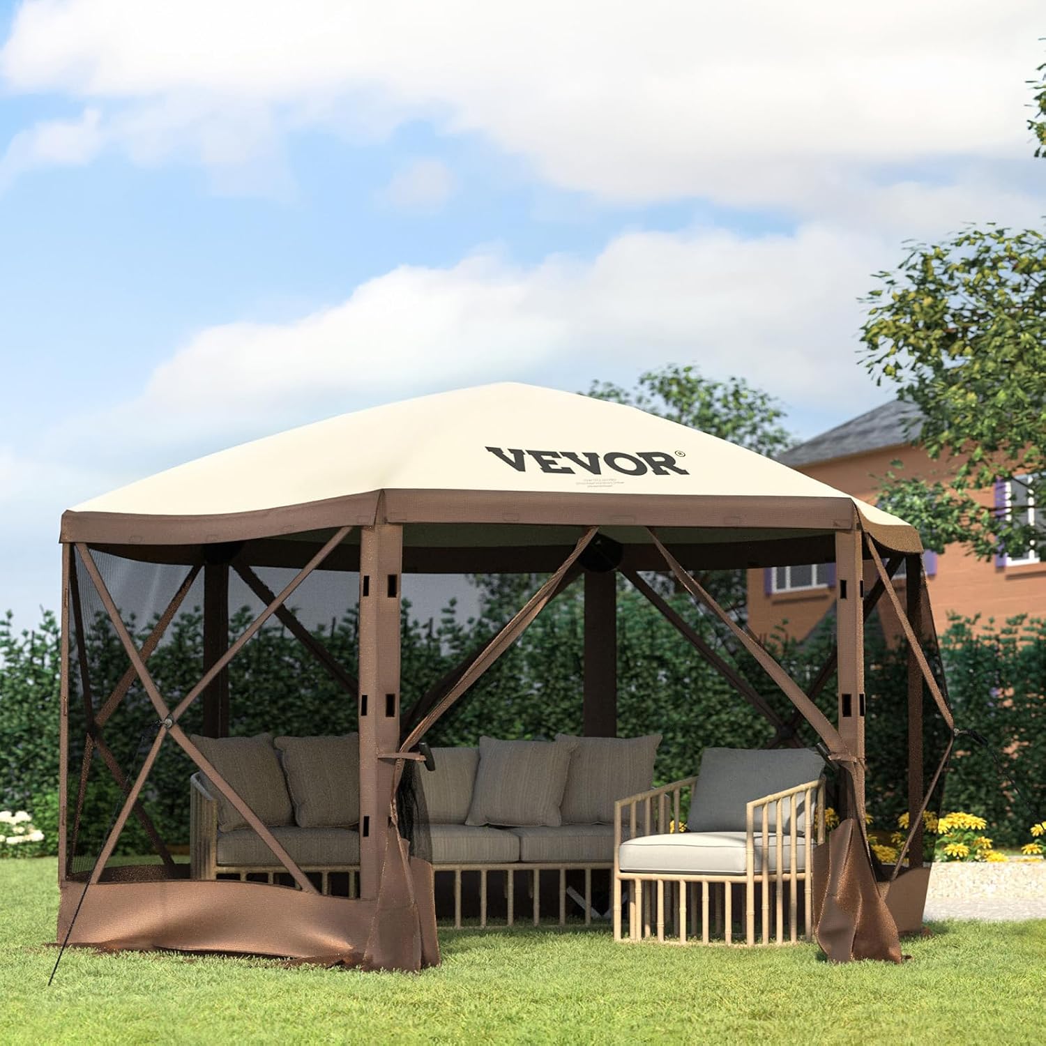 VEVOR 12 * 12ft 6 Sided Pop-up Canopy Shelter Tent with Mesh Windows, Portable Carry Bag, Stakes, Large Shade Tents for Outdoor Camping, Lawn and Backyard, Brown/Beige - Image 10