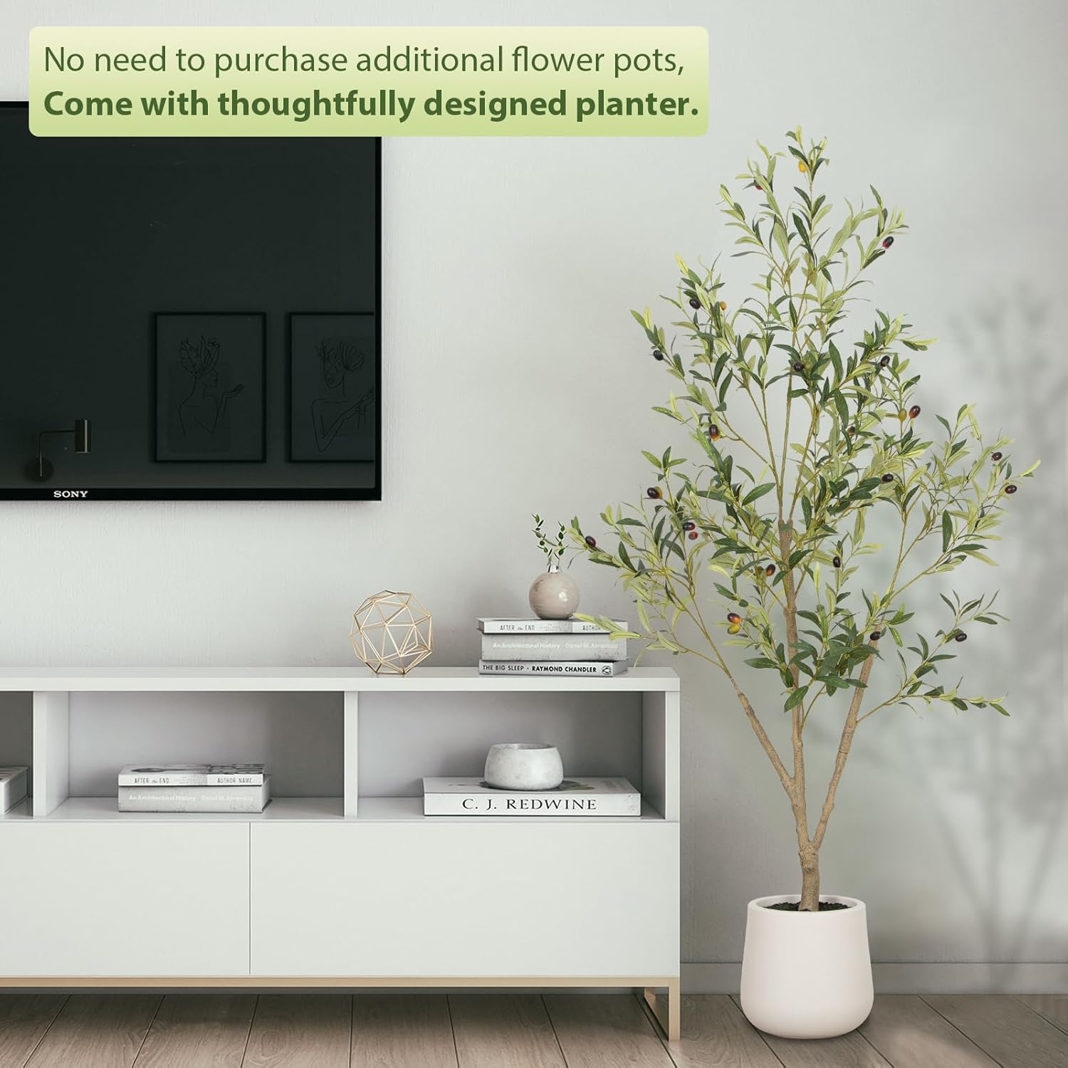Olive Trees Artificial Indoor, 5FT Tall Faux Olive Tree with White Tall Planter, Artificial Plants with Natural Wood Trunk and Lifelike Fruits for Home Office Decor - Image 4