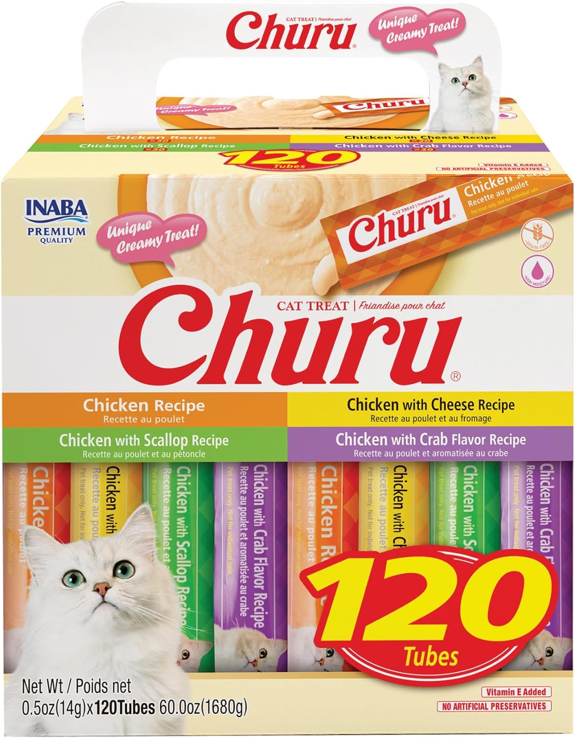 INABA Churu Cat Treats, Lickable, Squeezable Creamy Purée with Vitamin E, 0.5 Ounces per Tube, 120 Tubes Total, Chicken Variety - Image 2