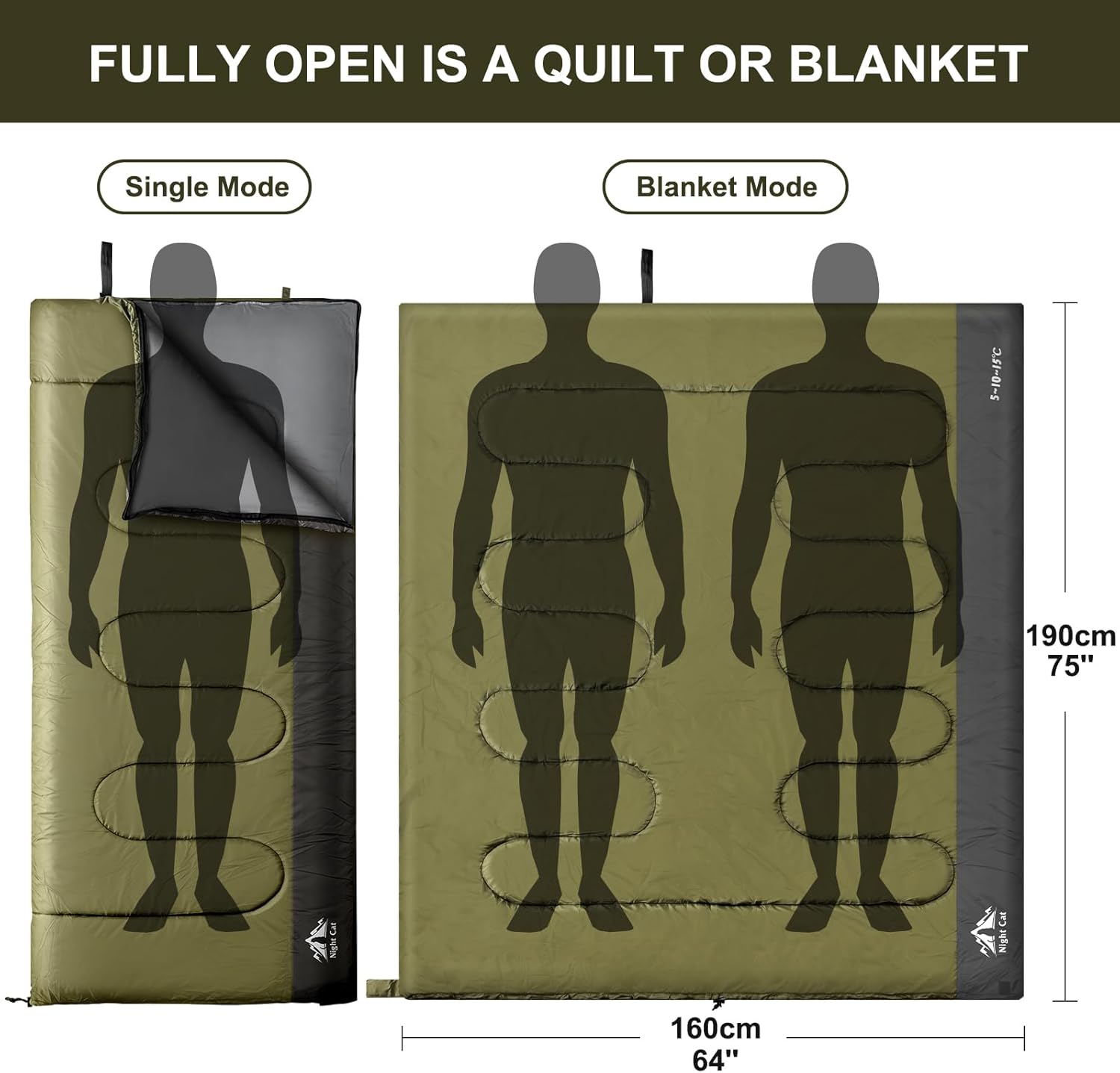 Night Cat Camping Sleeping Bag for Adults Portable Lightweight Backpacking Hiking Traveling Indoor Outdoor Temperature 5-15℃ Switch to a Quilt or Blanket - Image 4