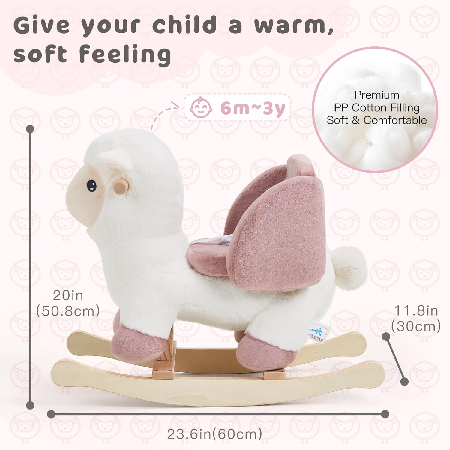 labebe - Baby Sheep Rocking Horse, Kids Plush Stuffed Rocking Animals, Ovis Aries Rocker with Seatbelt for 6 Months Babies, White Romney Rocking Horse for Toddler 1-3 Age Girl - Image 6