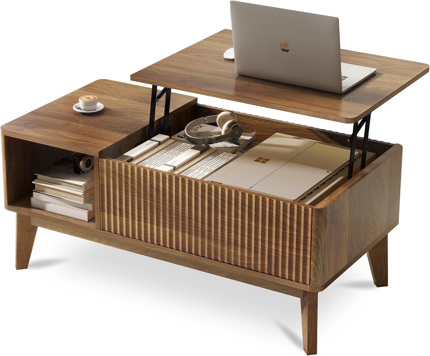 LYNCOHOME Fluted Coffee Table with Hidden Compartment, Wood Lift Top Coffee Tables, Modern Center Table for Living Room, Home Office(Walnut) - Image 9