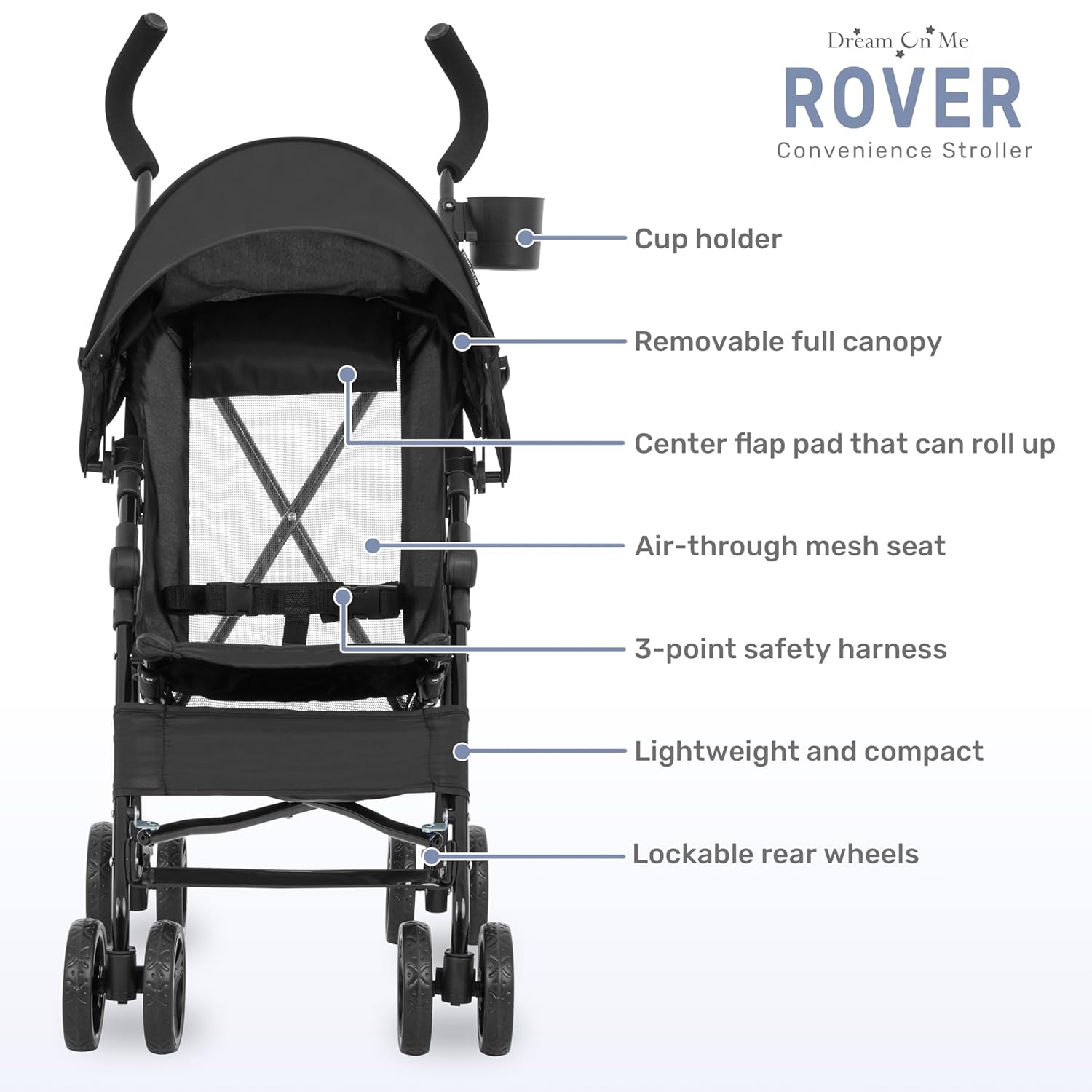 Dream On Me Rover Convenience Baby Stroller in Black, Lightweight & Compact Umbrella Stroller, Easy one-Hand fold Travel Stroller, Lockable Rear Wheels, Removable & Adjustable Canopy - Image 5