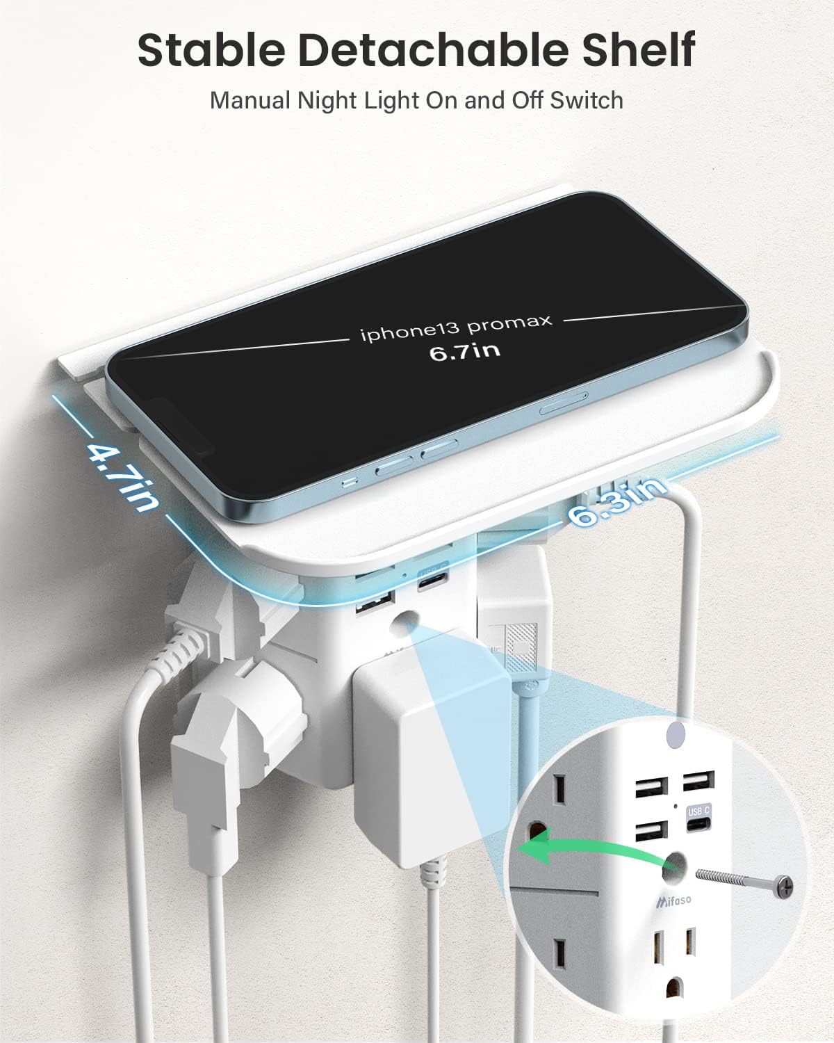 Wall Outlet Extender with Shelf and Night Light,Surge Protector,USB Wall Charger with 5 AC Outlets and 3 USB Ports 1 USB C Outlet Wide Space 3-Sided Power Strip Multi Plug Outlets… - Image 5